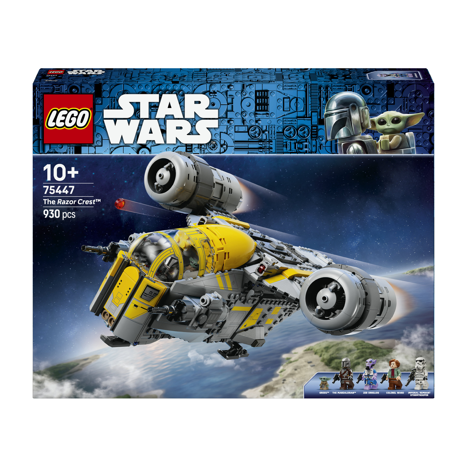Set Lego Star Wars 75447 The Razor Crest con astronave, minifigure e sfondo di un pianeta.