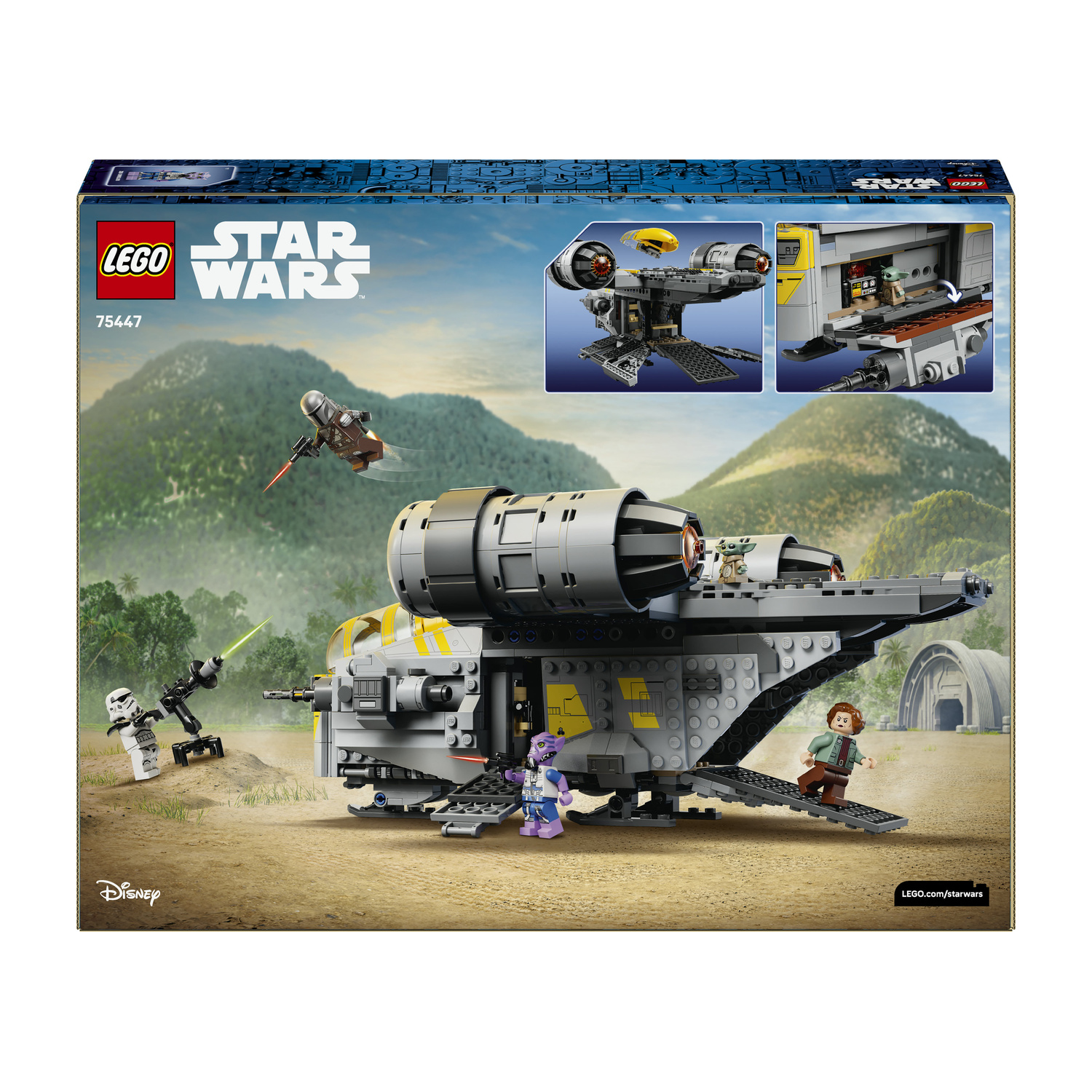 Il set Lego Star Wars 75447 mostra un'astronave grigia con minifigure in un paesaggio desertico con montagne.