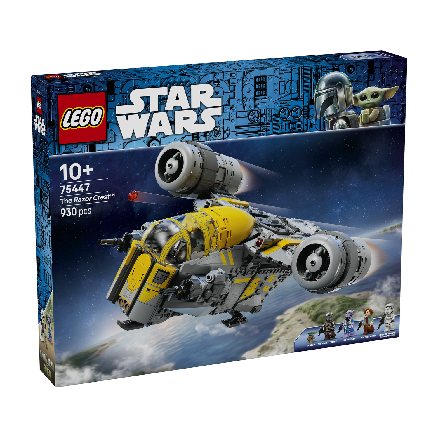 Scatola LEGO Star Wars The Razor Crest con astronave, minifigure e sfondo spaziale.