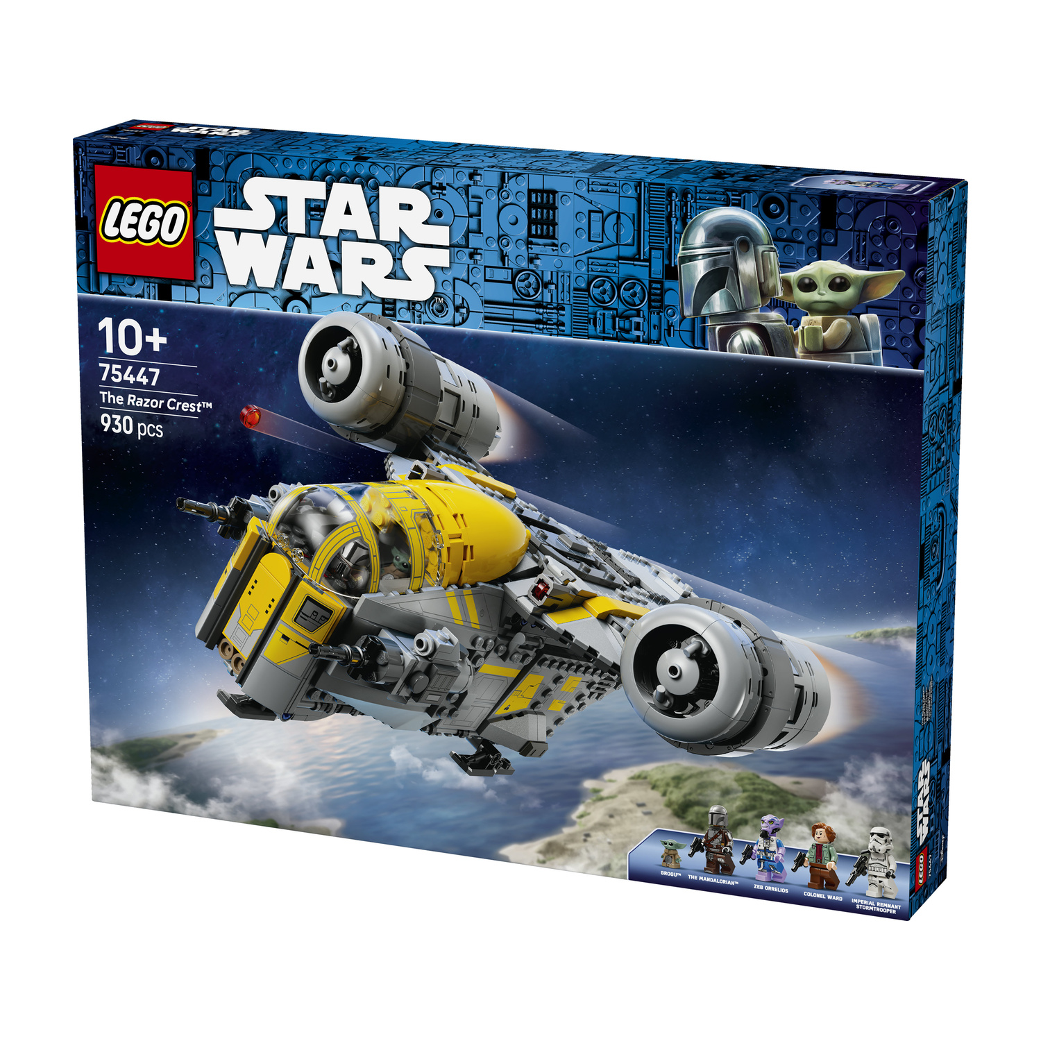 Scatola del set LEGO Star Wars The Razor Crest con astronave in volo.