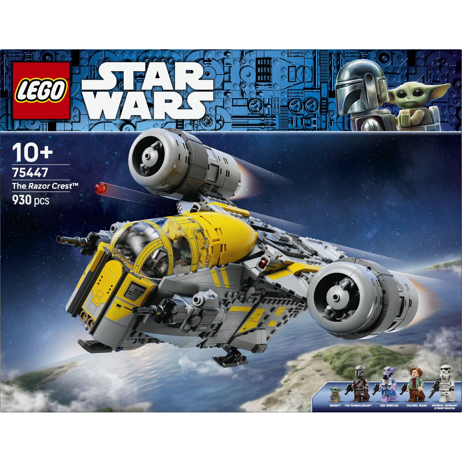Scatola del set LEGO Star Wars The Razor Crest con l'astronave in volo e le minifigure.