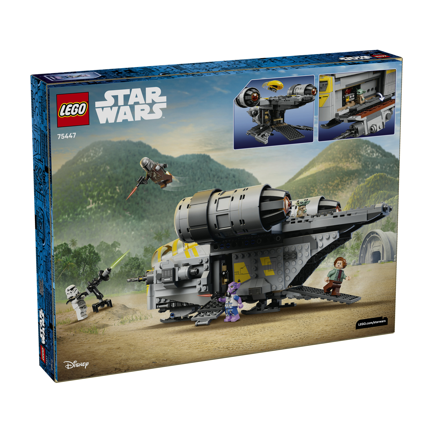 Set Lego Star Wars 75447 con astronave grigia e minifigure davanti a un paesaggio collinare.