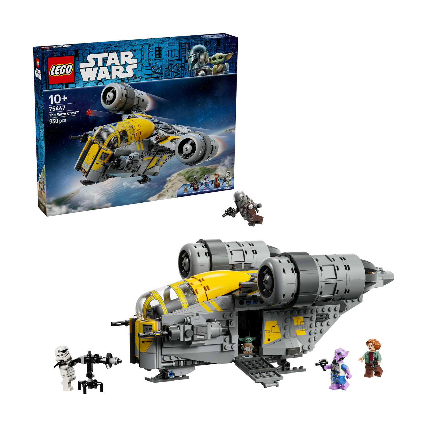 Set LEGO Star Wars The Razor Crest con astronave, scatola e cinque minifigure su sfondo bianco.