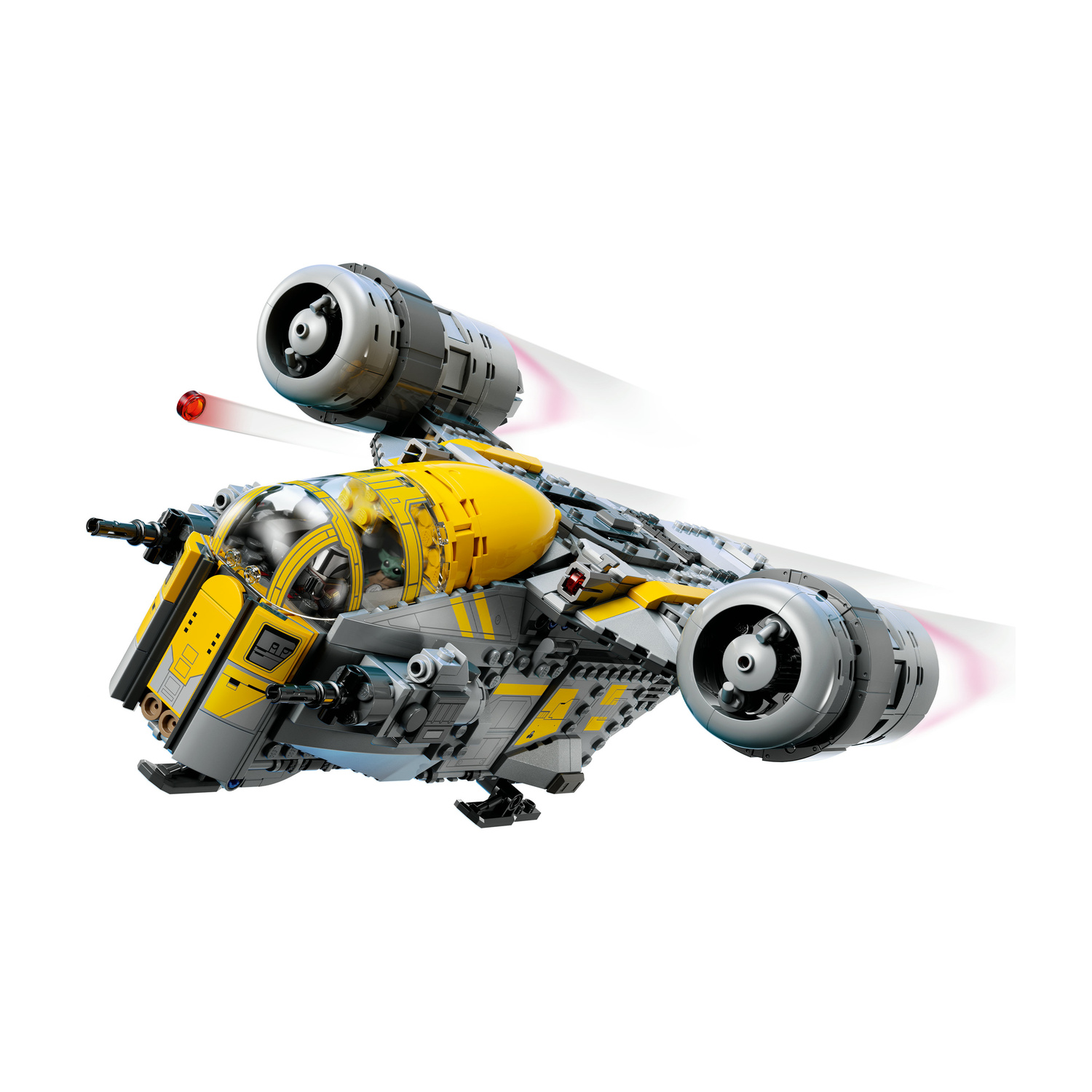 Un'astronave LEGO Star Wars gialla e grigia vola con grandi motori su sfondo bianco.