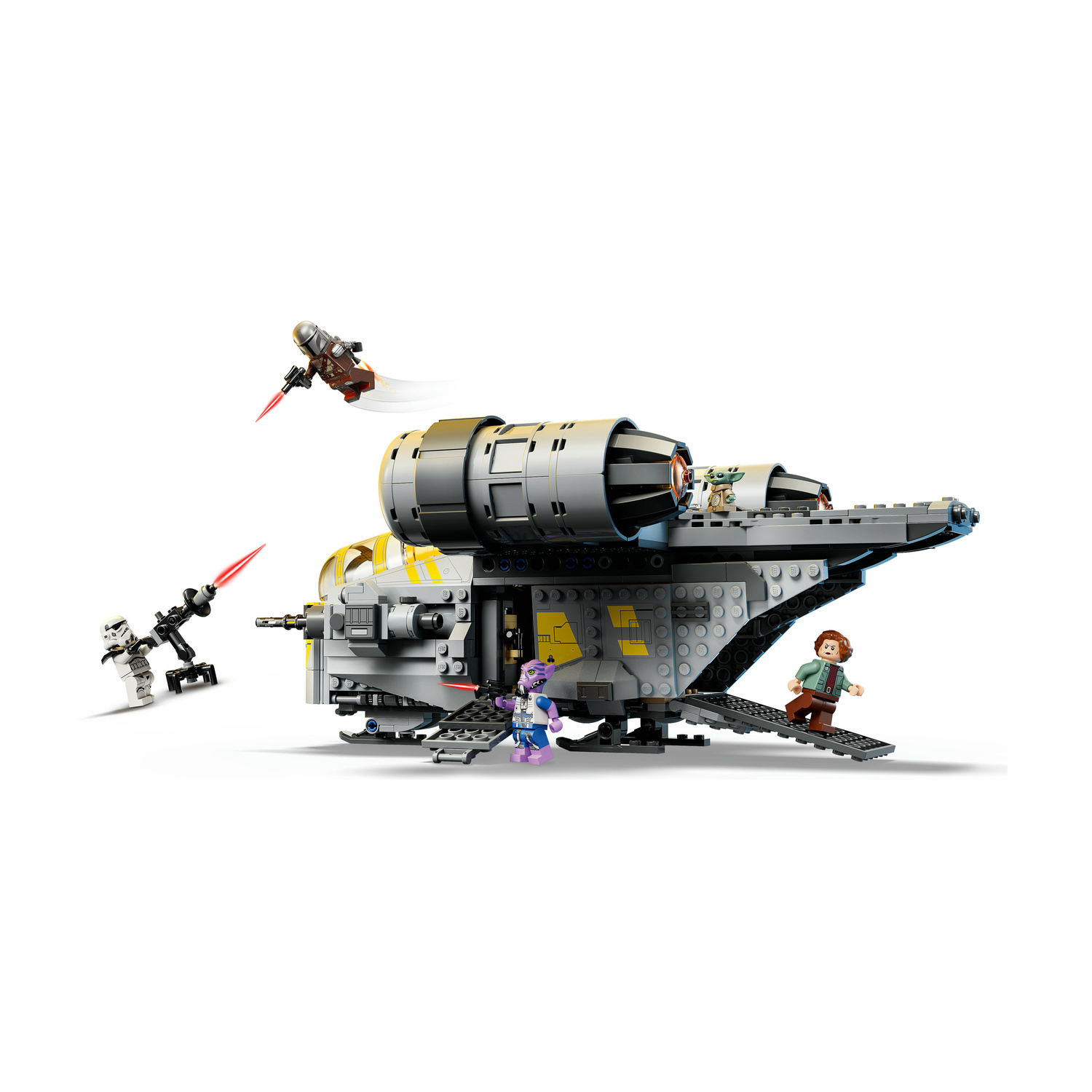 Astronave Lego Star Wars Razor Crest con minifigure in battaglia su sfondo bianco.