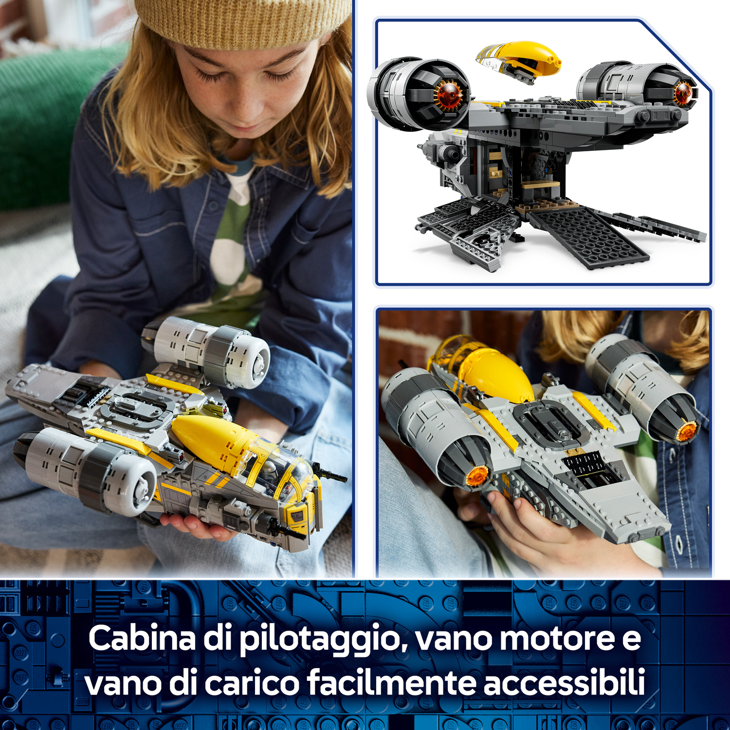 Un bambino costruisce una navicella LEGO grigia e gialla con cabina aperta.