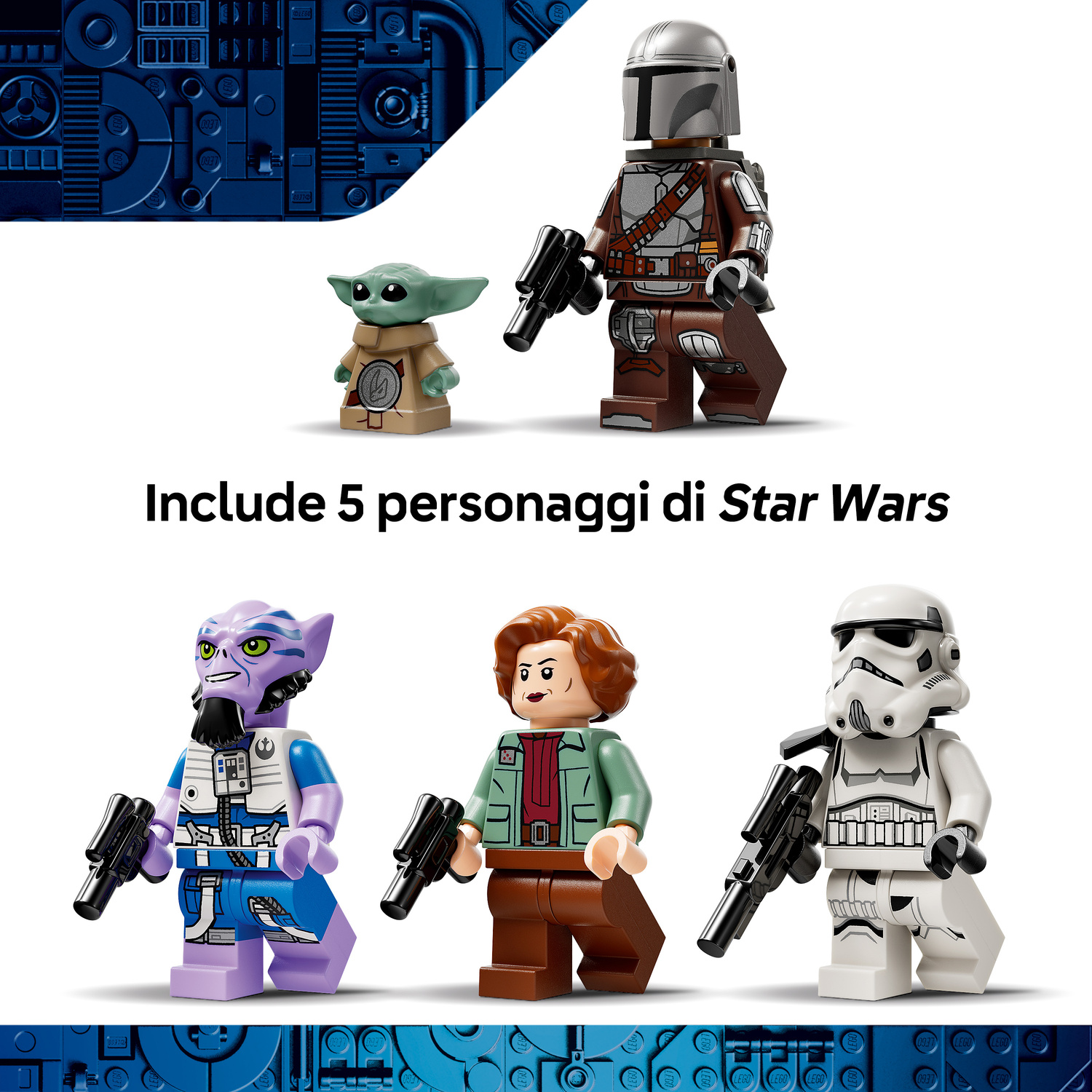 Cinque minifigure Lego Star Wars: Il Mandaloriano, Grogu, Garazeb Orrelios, il Governatore Pryce e uno Stormtrooper.