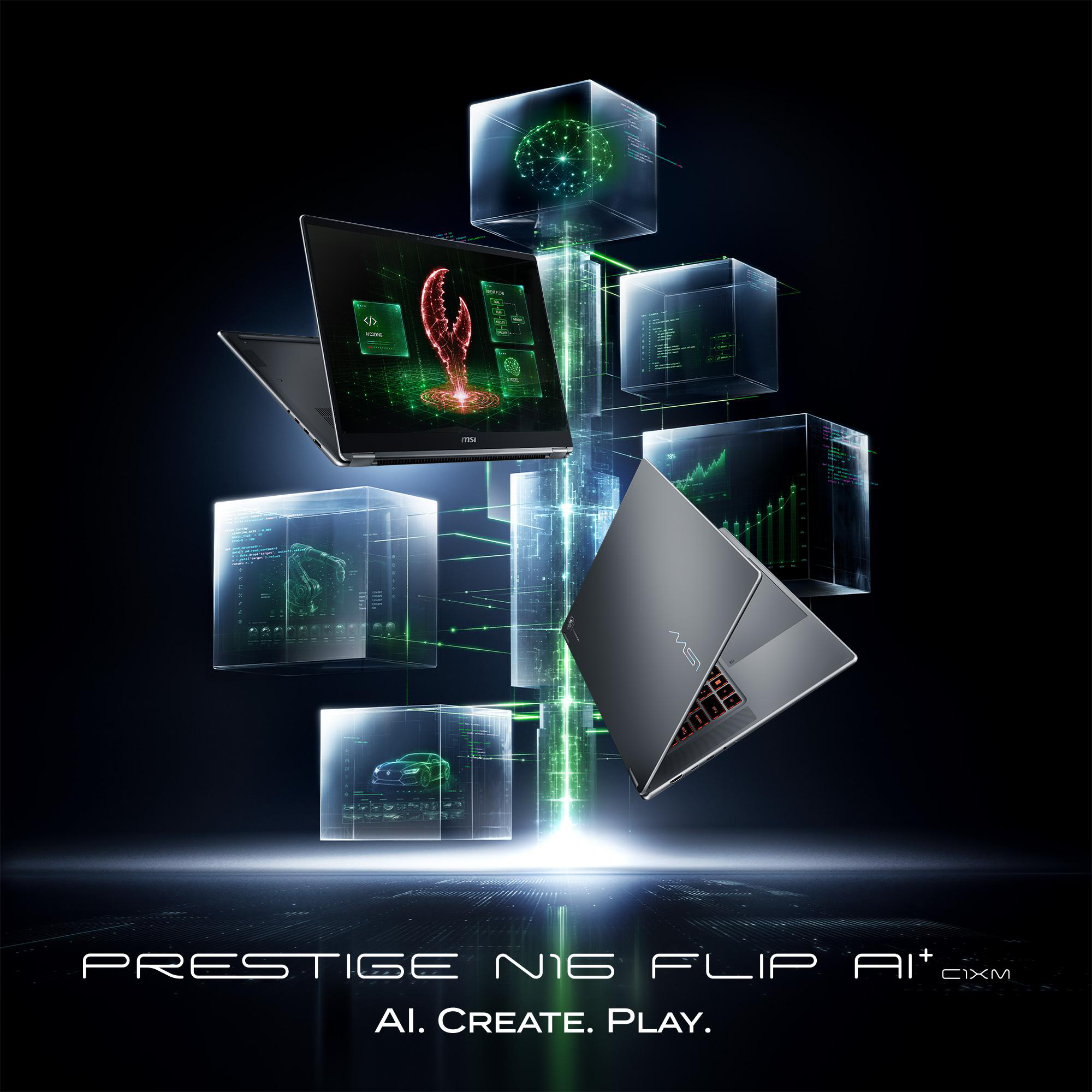 Zwei MSI Prestige A16 Laptops umgeben von schwebenden Tech-Wuerfeln mit Gruenlicht und Text in Dunkelheit.