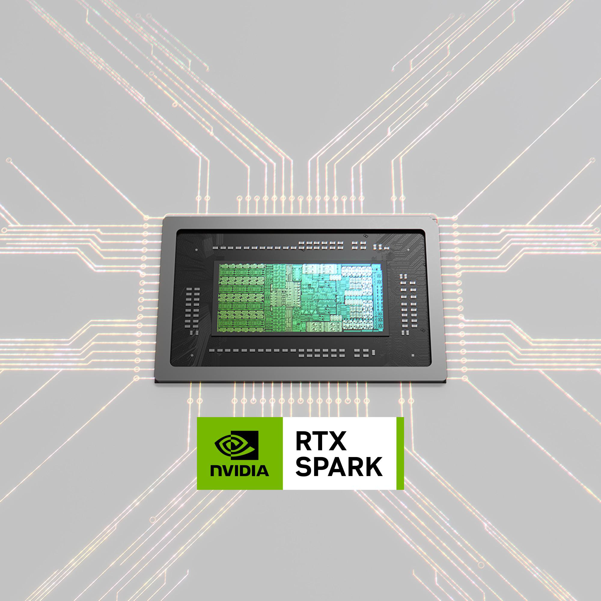 Computerchip mit leuchtenden Leiterbahnen auf grauem Hintergrund, unten mit NVIDIA RTX Spark Logo.
