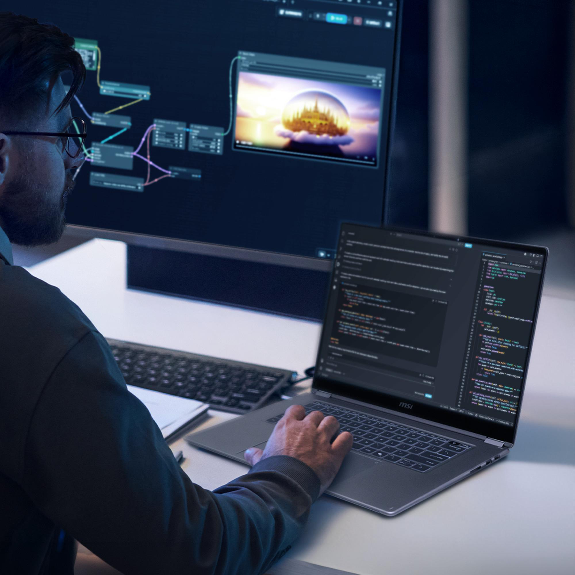 Ein Programmierer arbeitet an einem Laptop und einem großen Bildschirm mit Code.