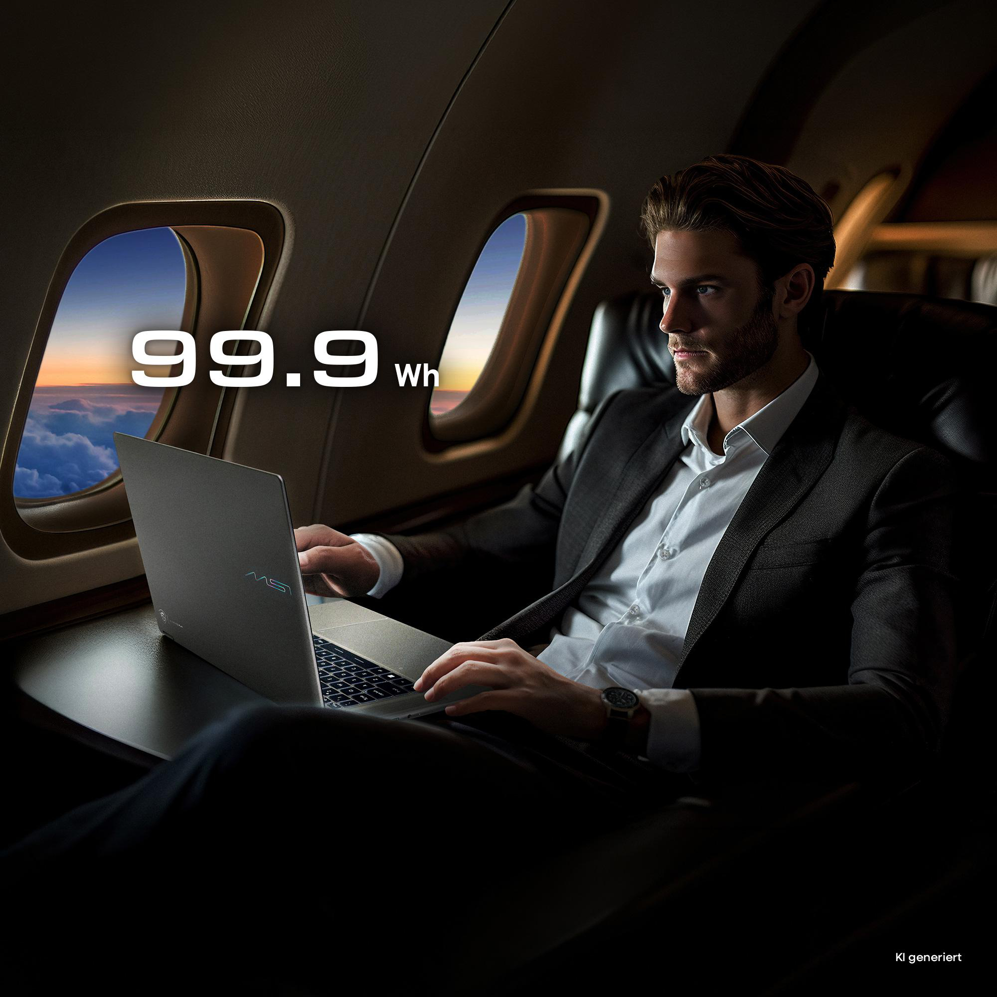 Ein Mann im Anzug arbeitet an einem Laptop in einer Privatjetkabine, mit dem Text 99.9 Wh.