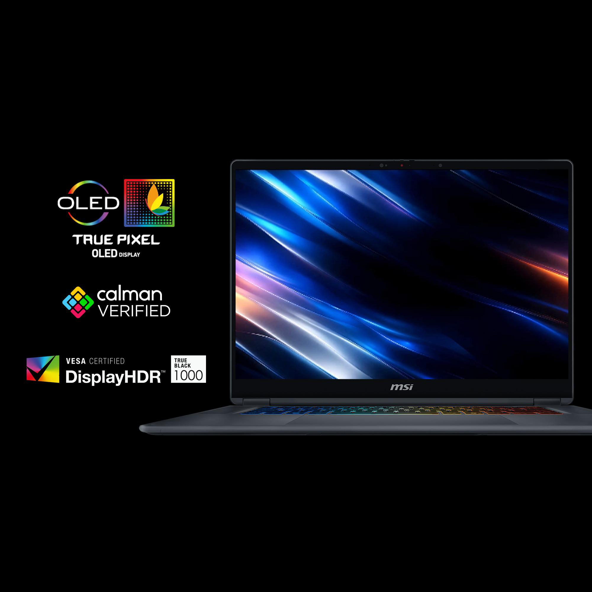 Ein schwarzer MSI-Laptop mit beleuchteter Tastatur und OLED- und DisplayHDR 1000-Zertifizierungssymbolen.