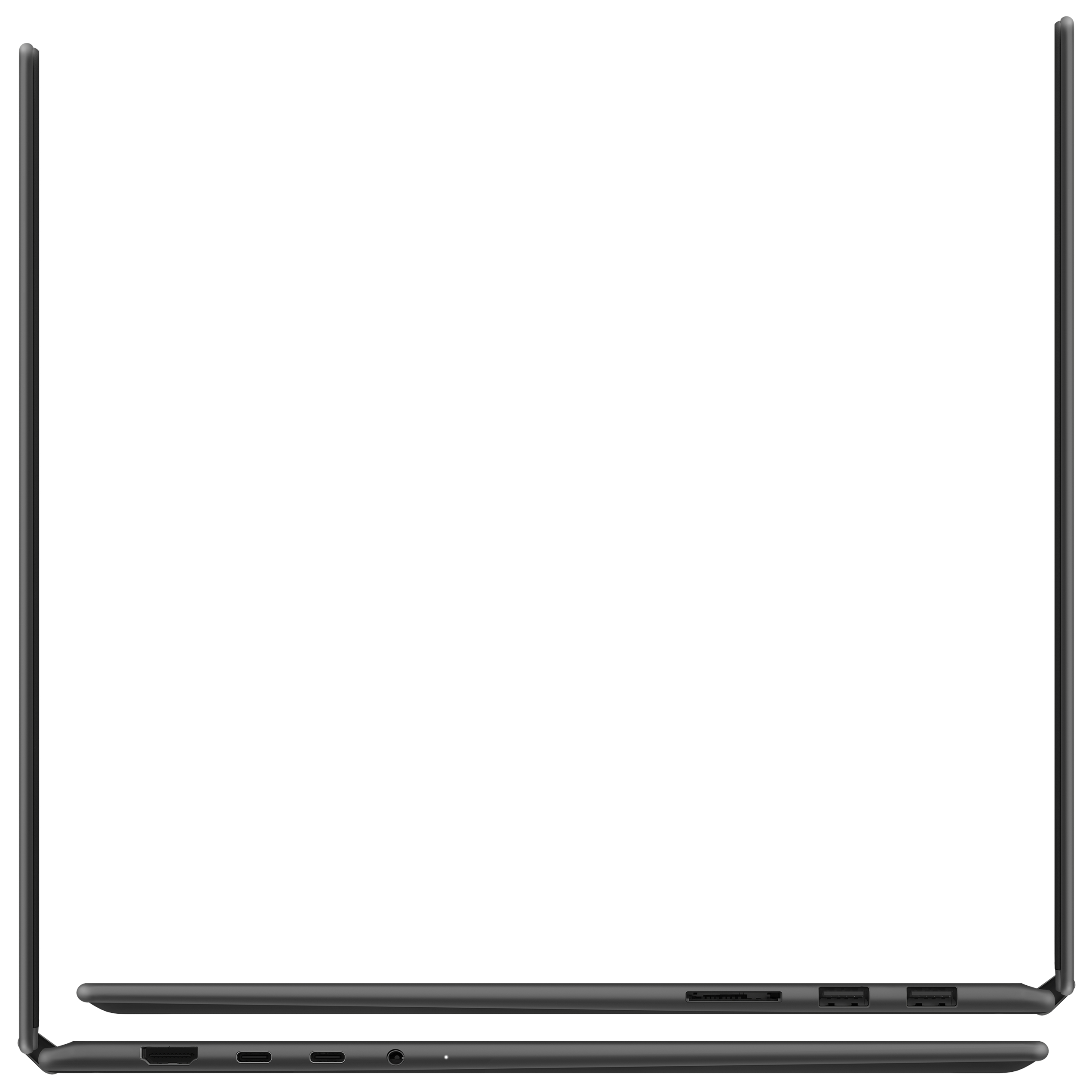 Seitenansichten eines geschlossenen grauen Laptops mit verschiedenen Anschlüssen.