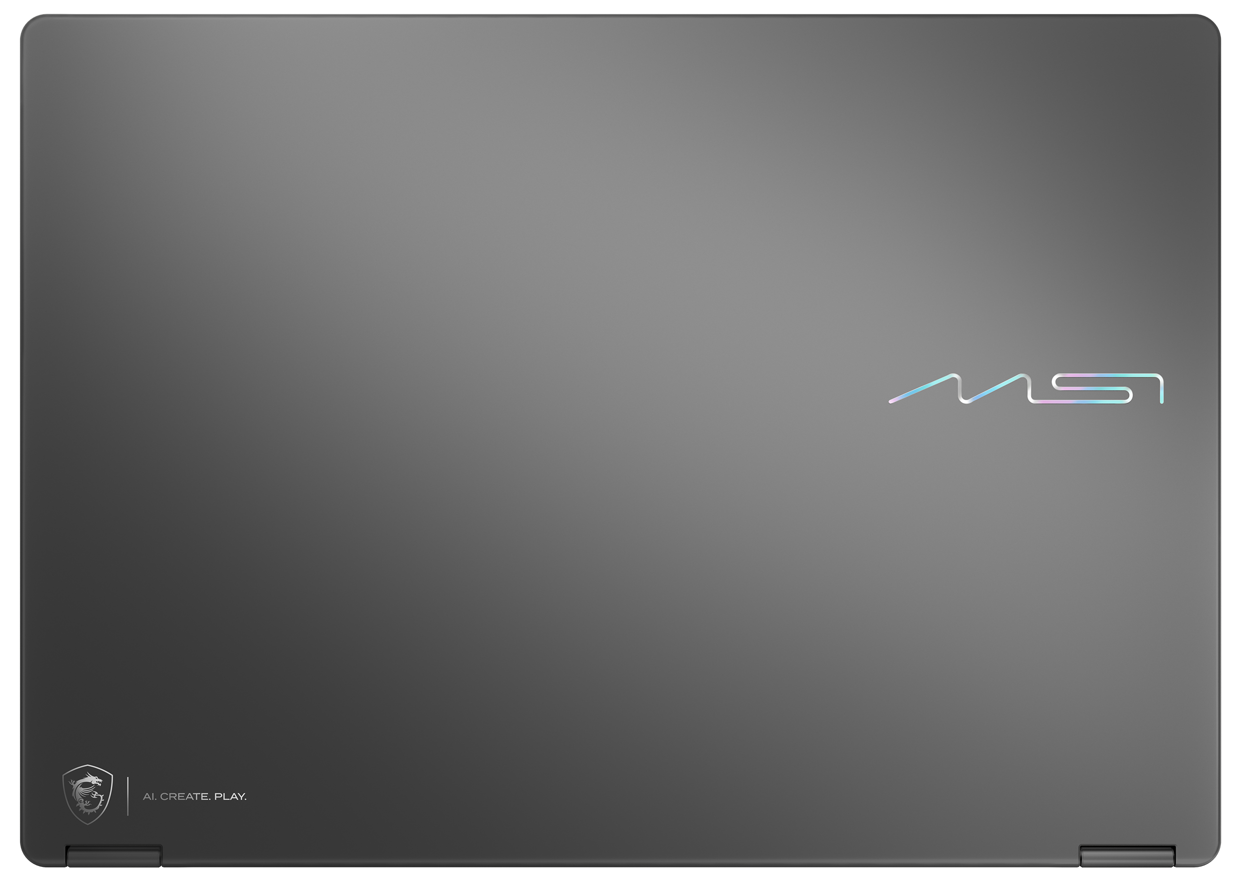Dunkelgraue Laptop-Rückseite mit irisierendem MSI-Logo rechts und Drachenwappen unten links.