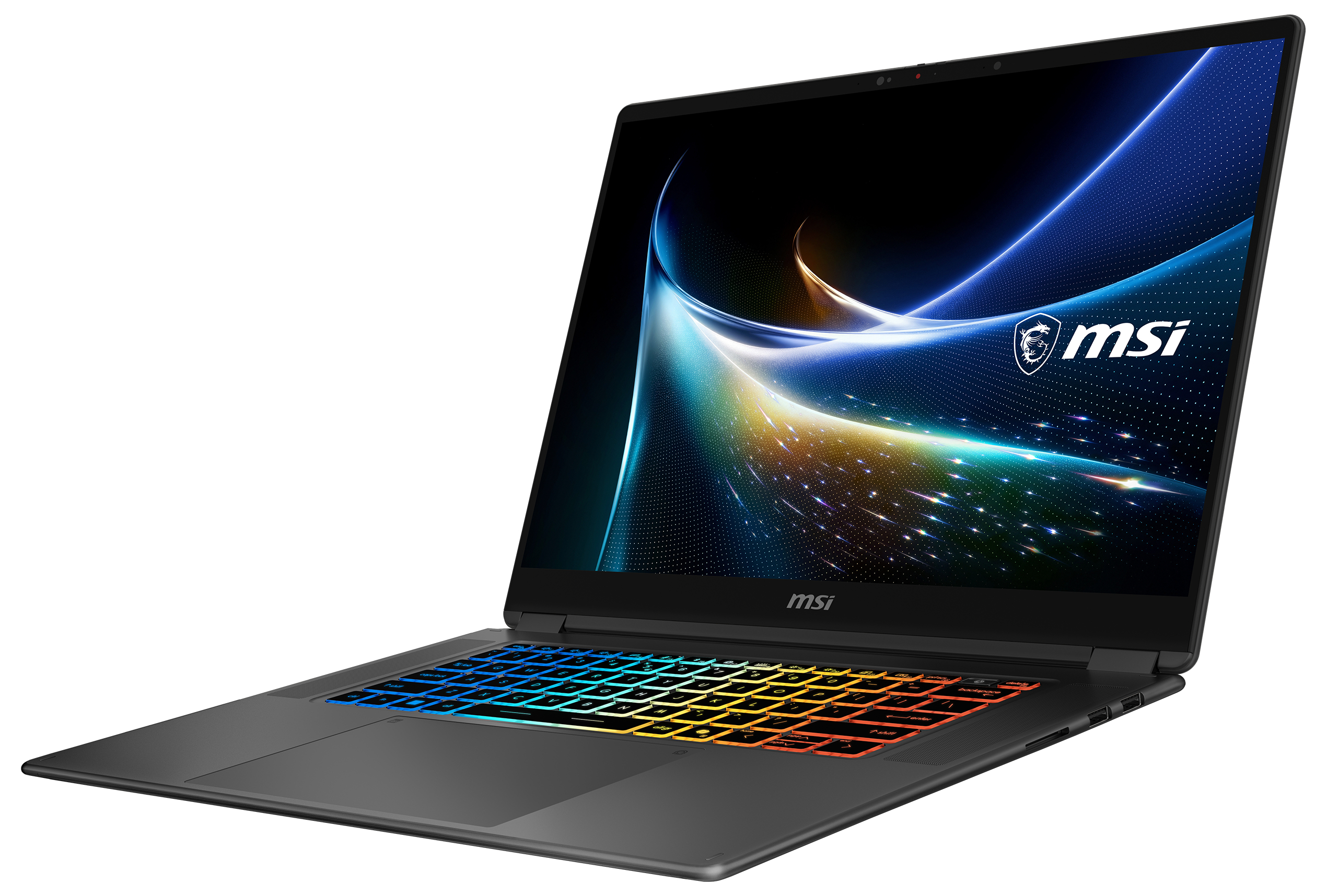 Ein offener, dunkelgrauer MSI-Laptop mit farbig beleuchteter Tastatur und einem abstrakten blau-goldenen Bildschirmhintergrund.