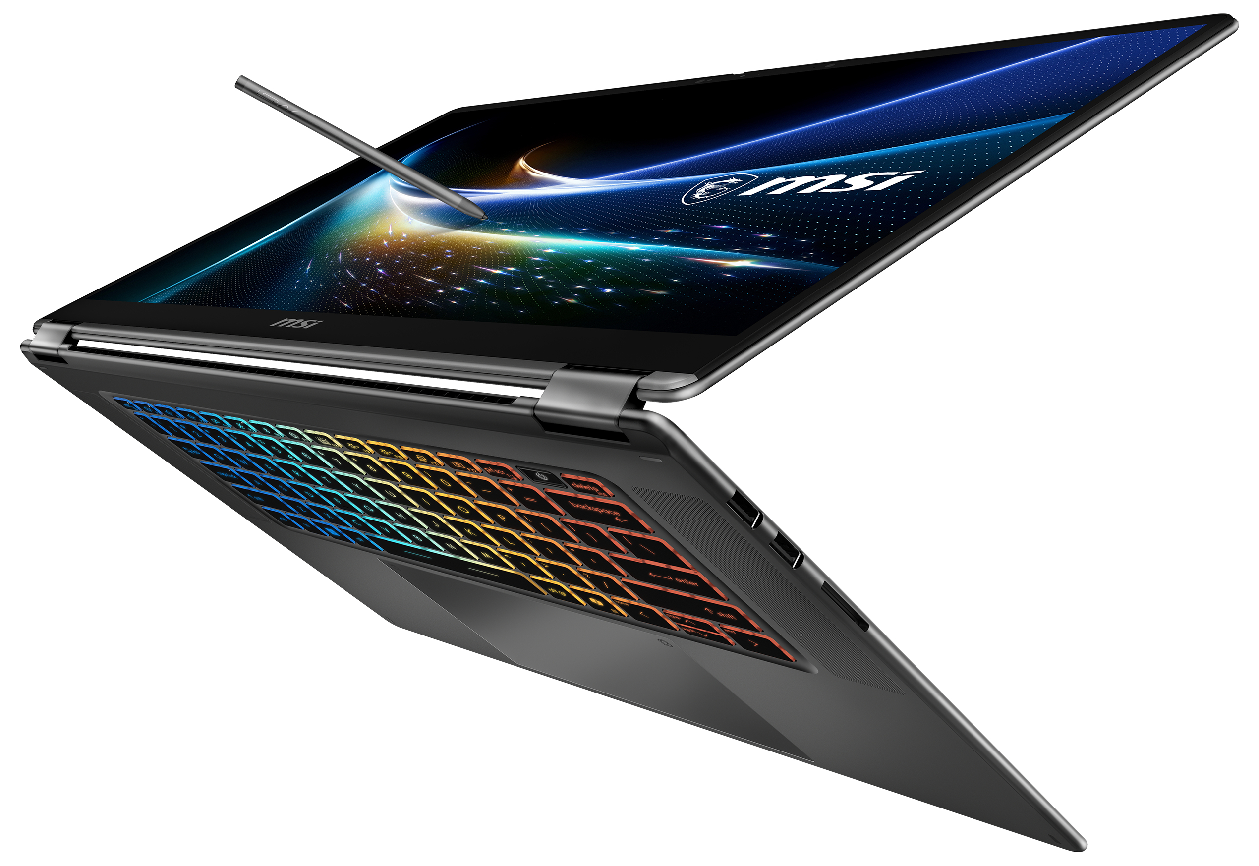 Ein offener, grauer MSI-Laptop mit beleuchteter Tastatur und einem Stylus auf dem Bildschirm.