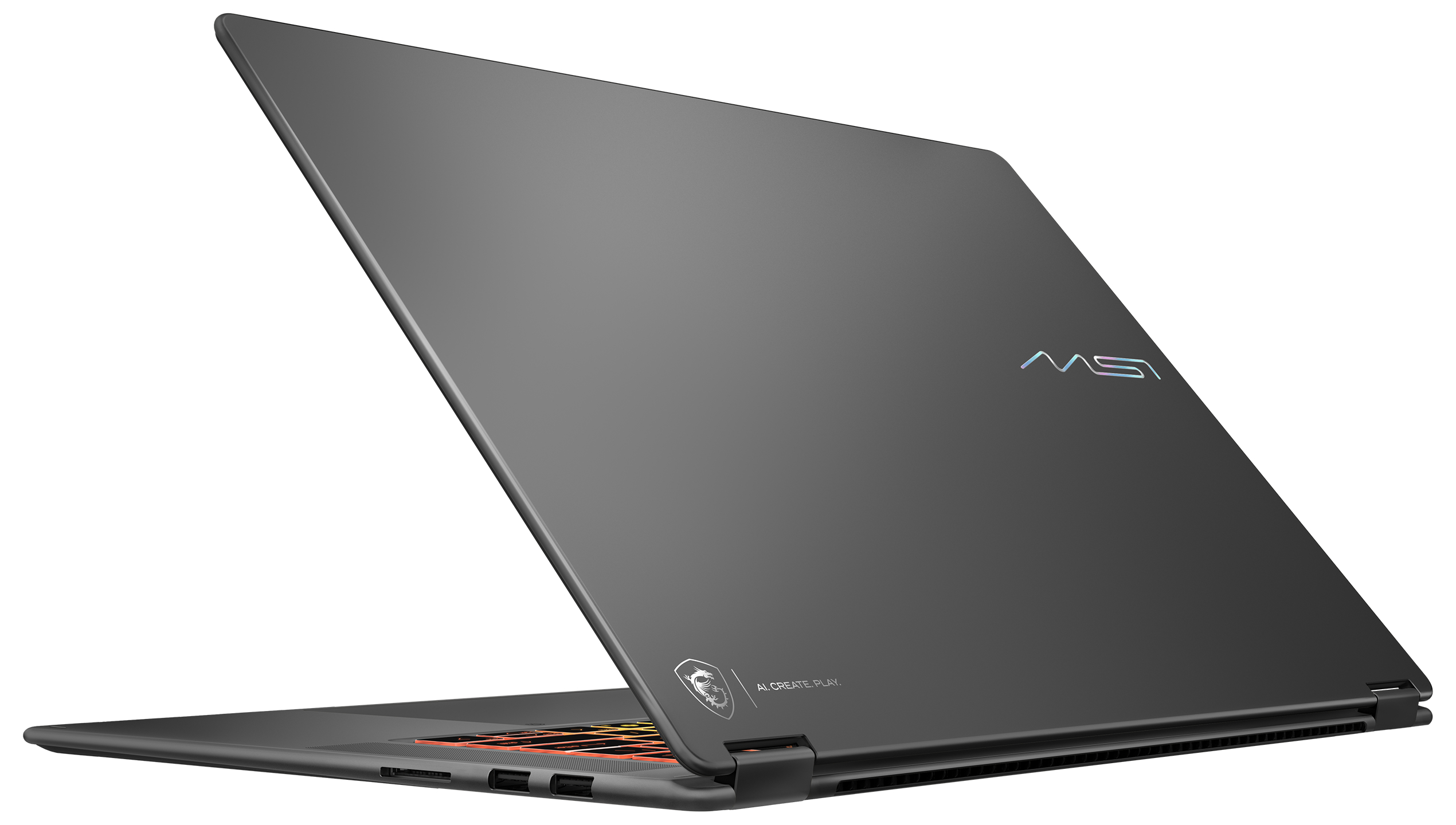 Ein grauer MSI-Laptop in Schrägansicht, mit beleuchteter Tastatur und Firmenlogo auf der Rückseite.