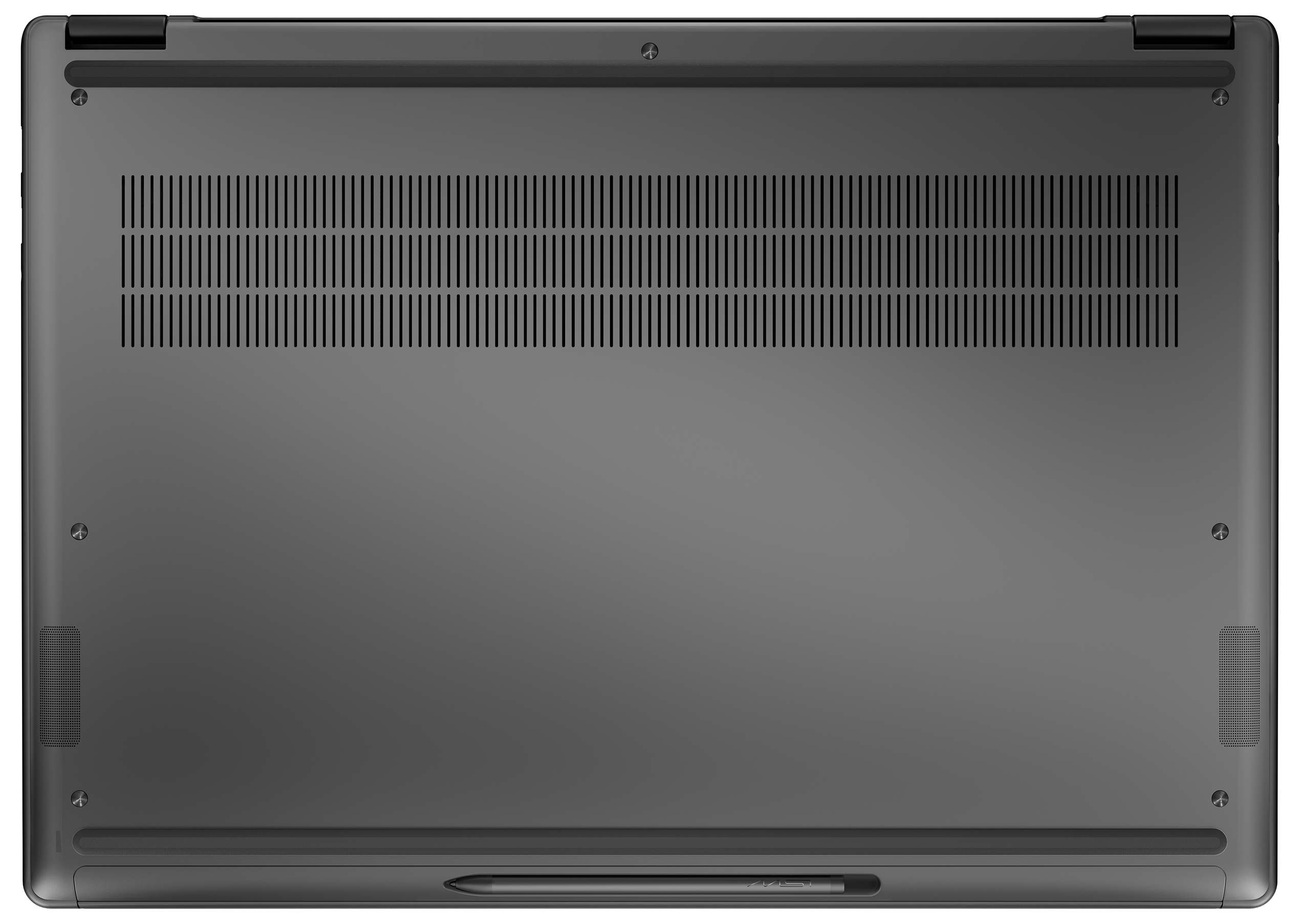 Unterseite eines grauen Laptops mit langen Belüftungsschlitzen und Lautsprechern.