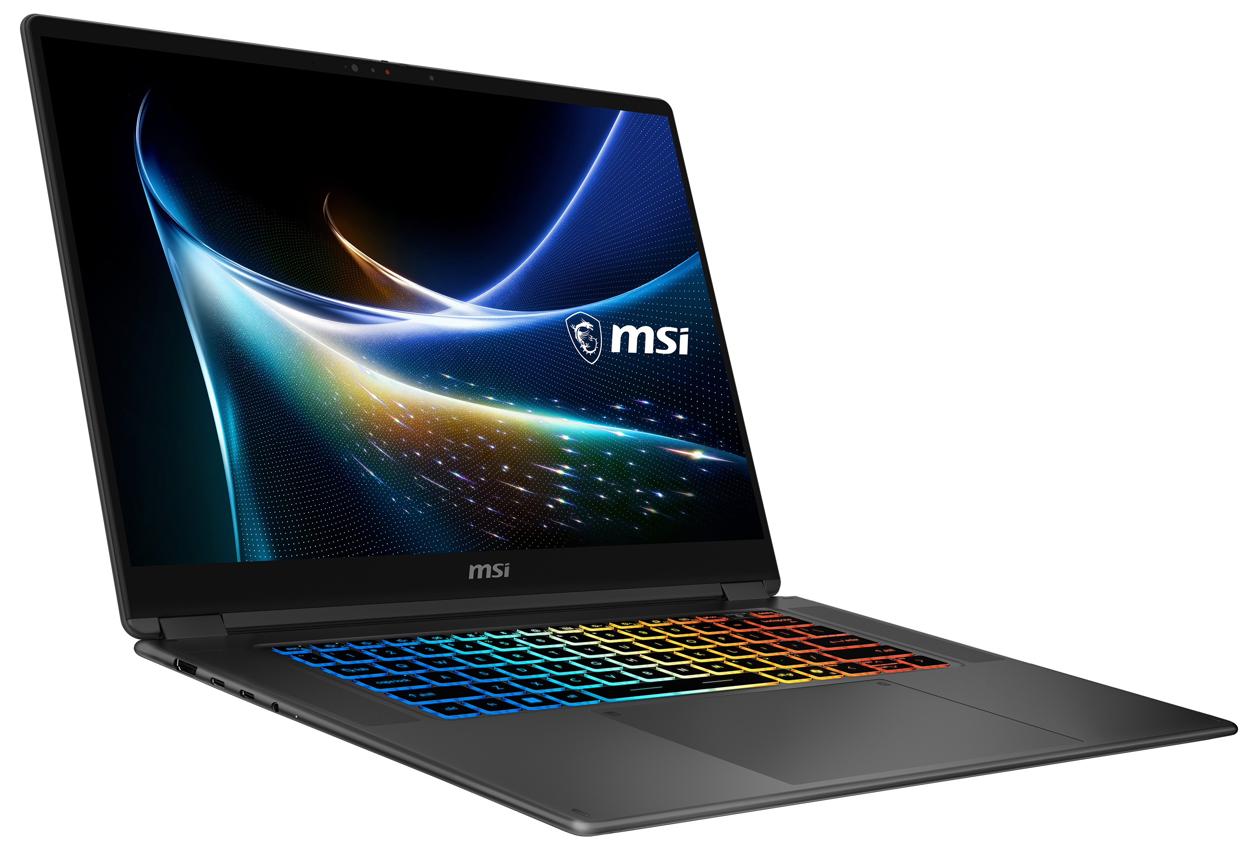 Schwarzer MSI Laptop mit RGB-Beleuchtung und blau-oranger Hintergrundgrafik.