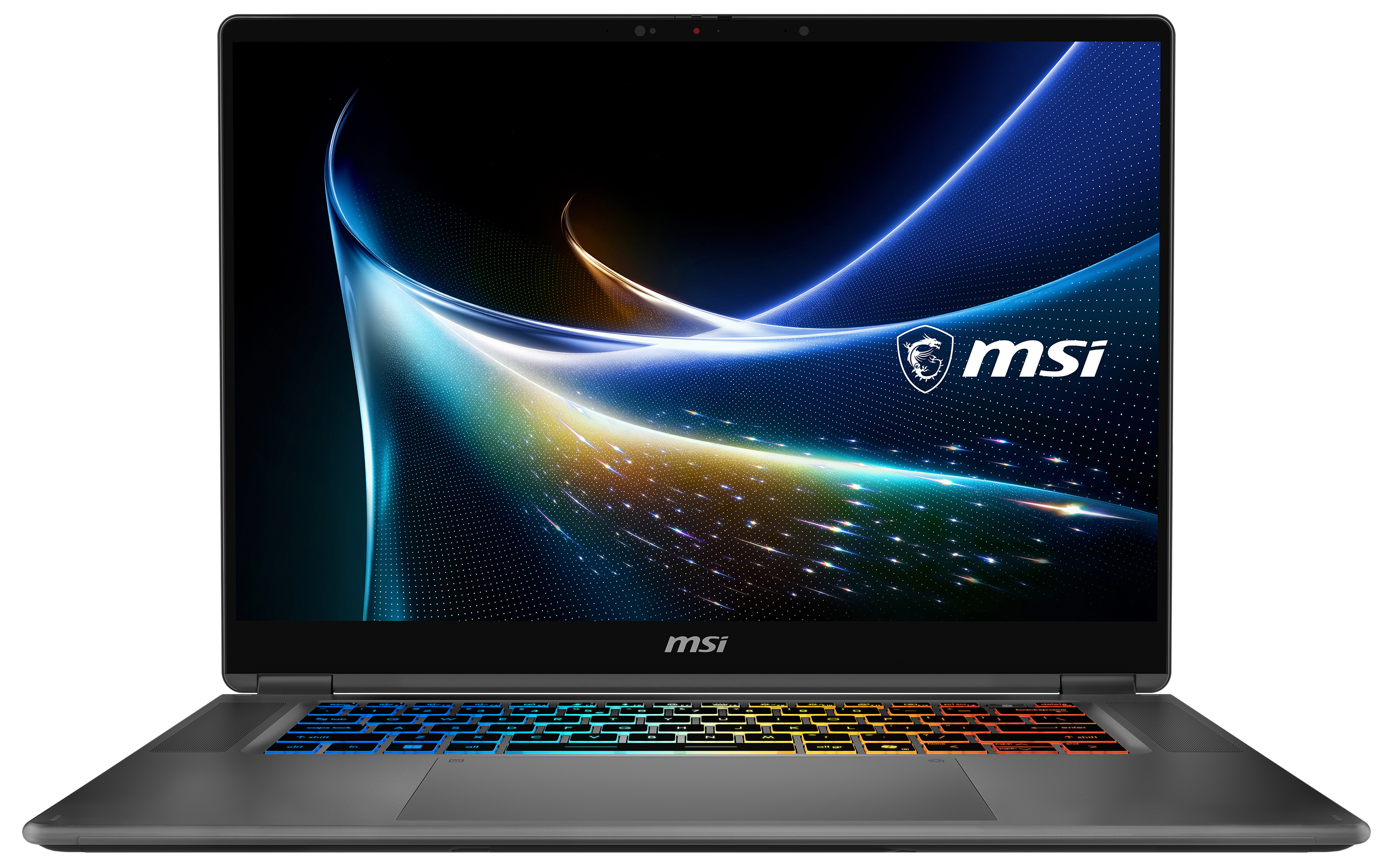 Ein offener MSI-Laptop mit dunklem Bildschirm und blauen, goldenen Wellen sowie mehrfarbig beleuchteter Tastatur.
