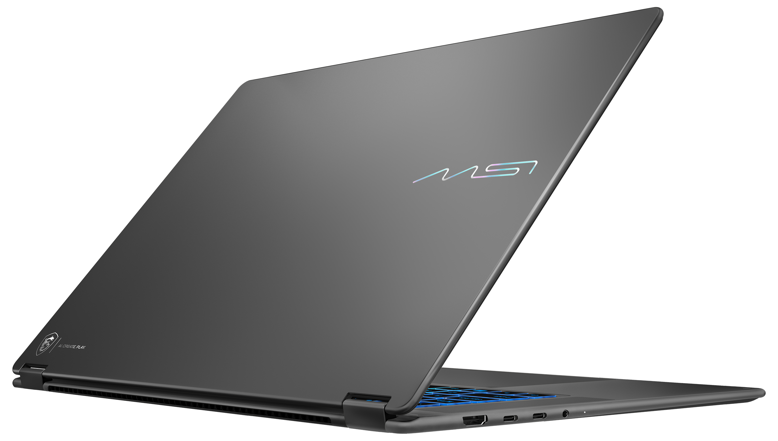 Ein grauer MSI-Laptop in Schrägansicht, mit geschlossenem Deckel, der das farbige MSI-Logo zeigt.