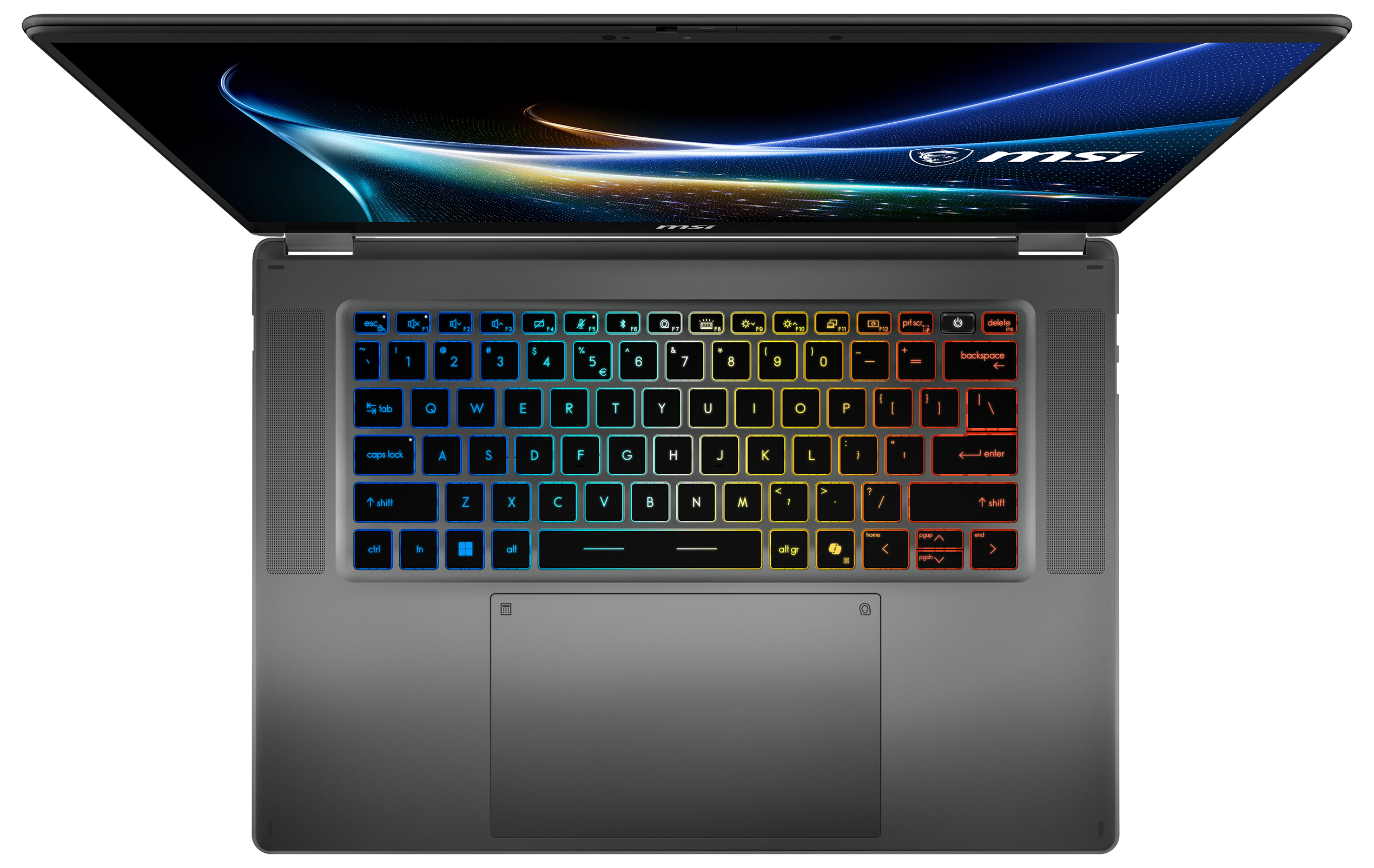 Aufsicht auf einen grauen MSI-Laptop mit beleuchteter Regenbogen-Tastatur und blauem Bildschirm.