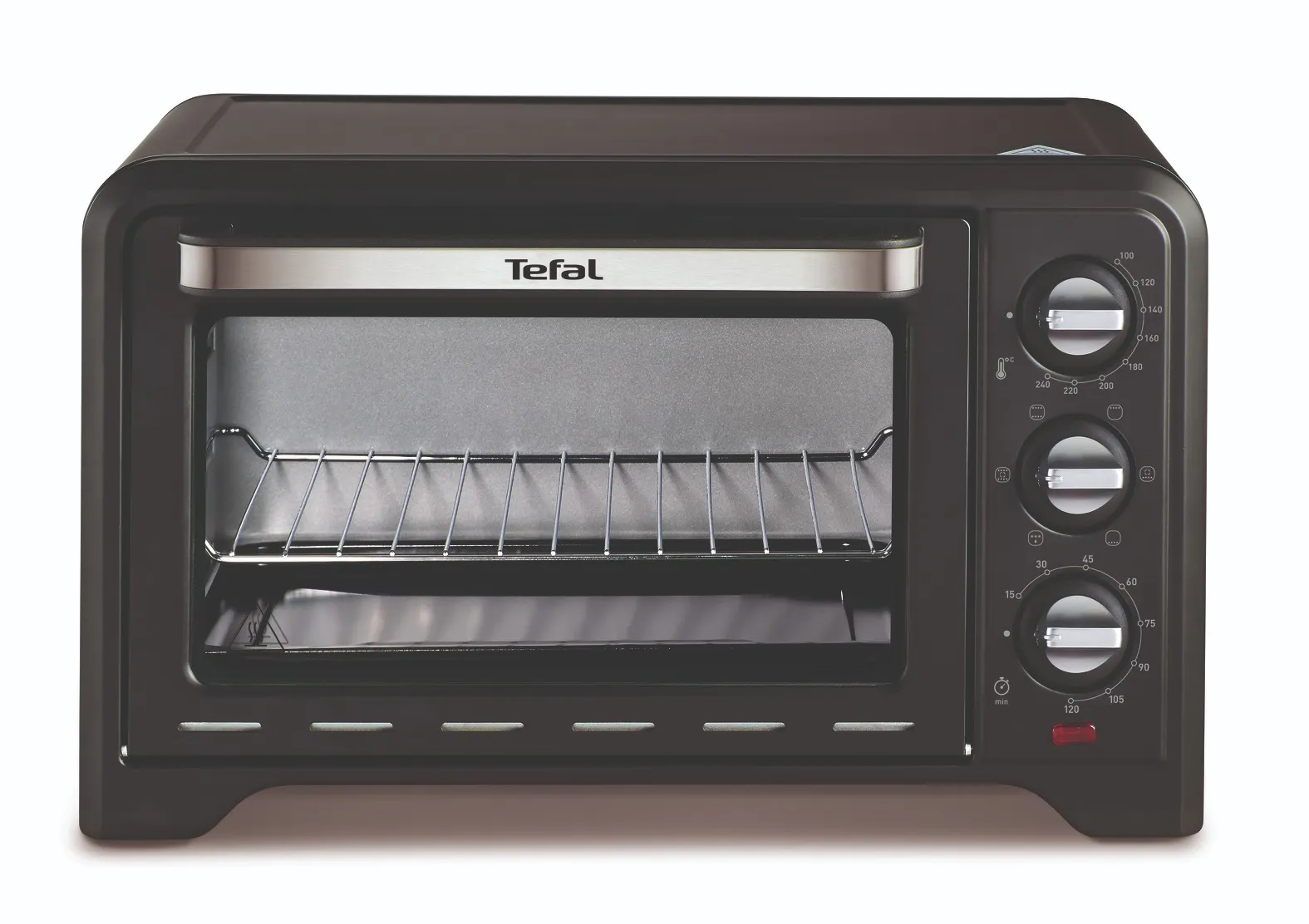 Fekete Tefal mini sütő üvegajtóval, fém ráccsal és három gombbal a jobb oldalon.