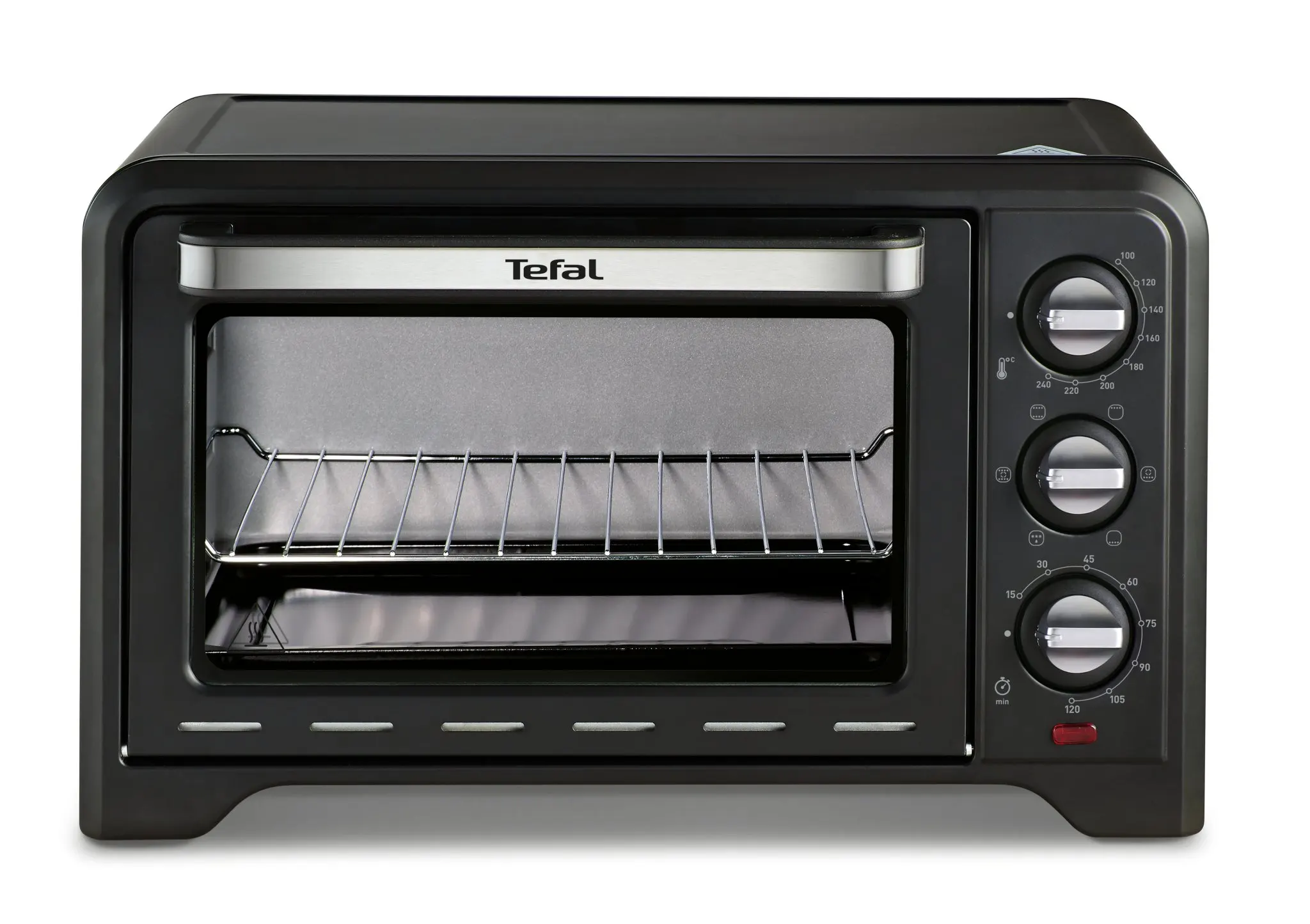 Fekete Tefal mini sütő három vezérlőgombbal és drótráccsal belül, fehér háttér előtt.