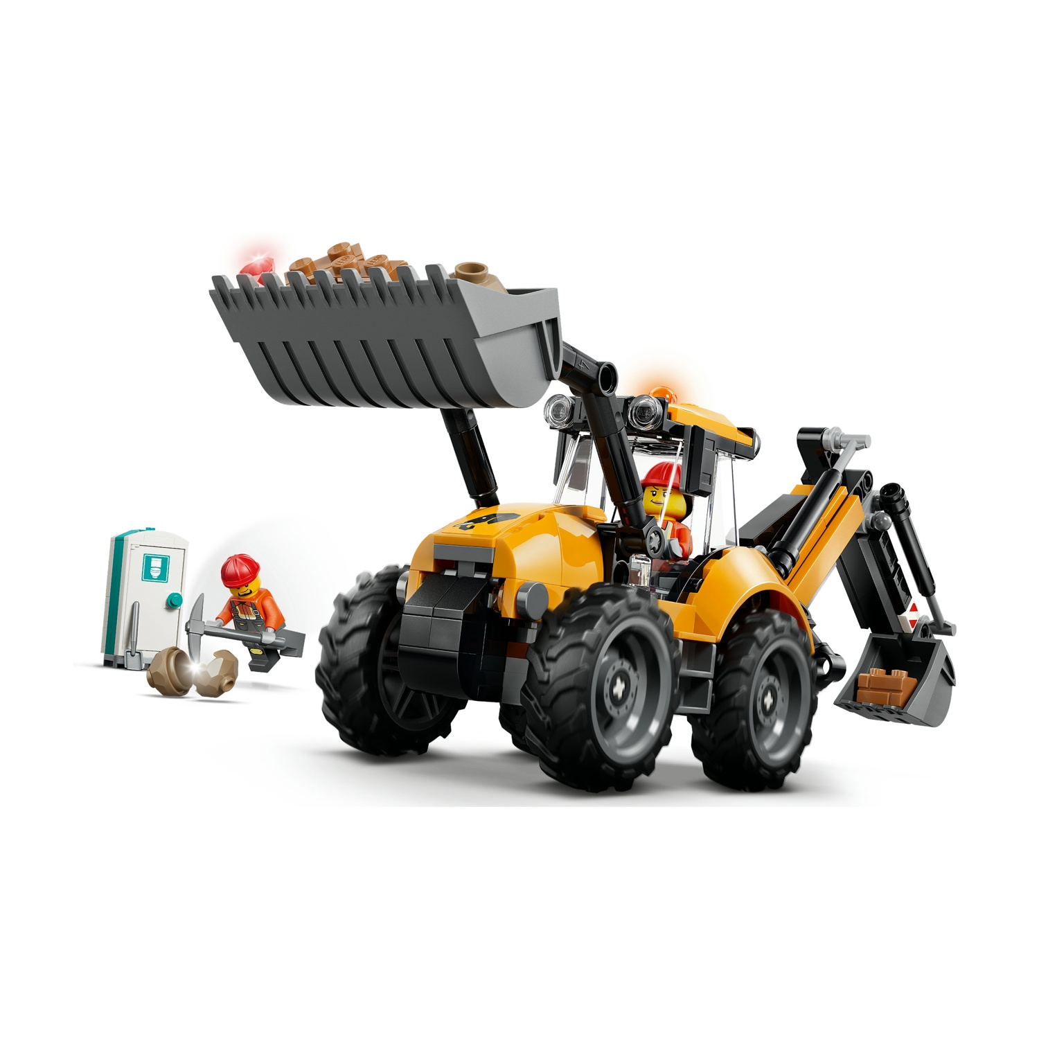 Una ruspa gialla Lego con due minifigure, un bagno portatile e rocce su sfondo bianco.
