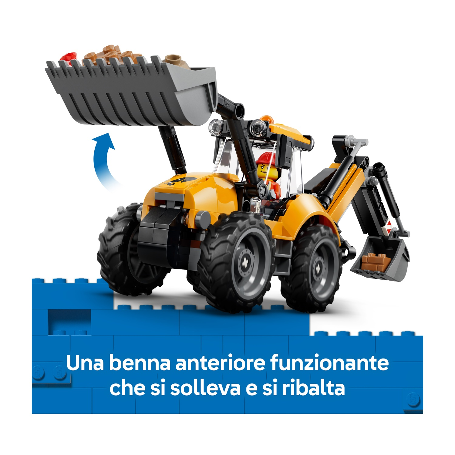 Una ruspa Lego con benna anteriore sollevata su una base di mattoncini blu con testo in italiano.