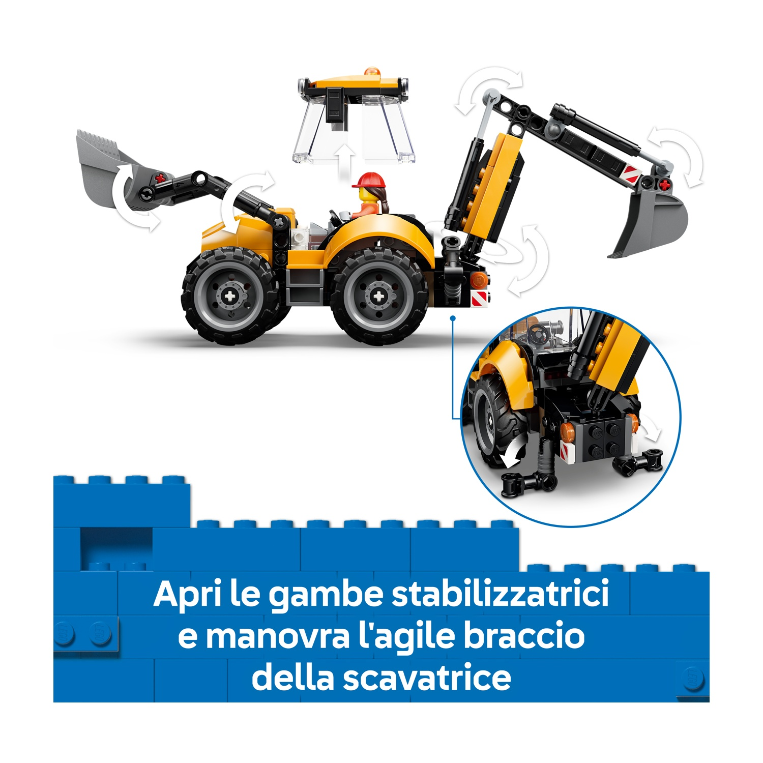 Terna Lego gialla con braccio mobile, pala e tetto rimovibile.