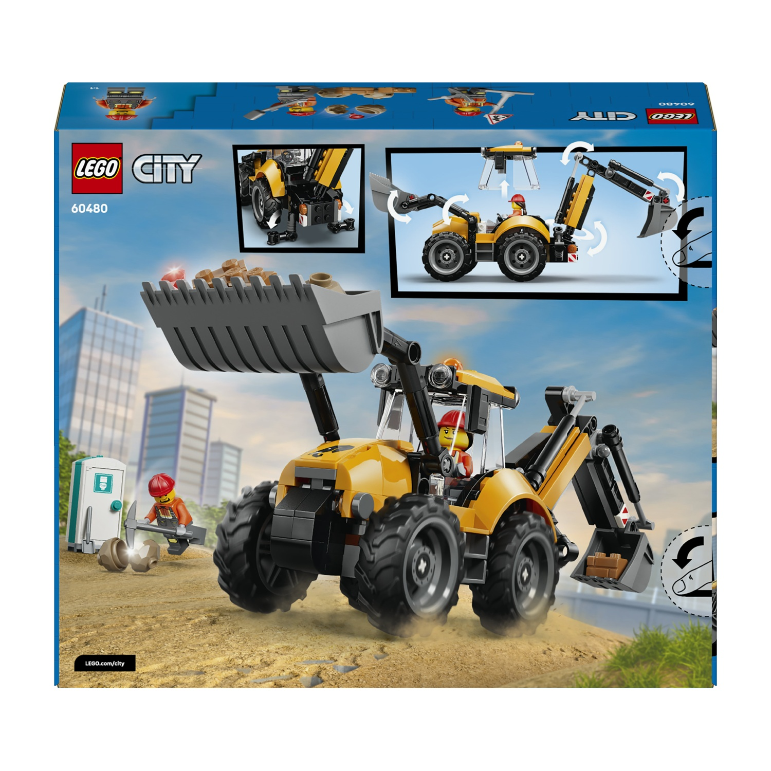 Scatola set costruzione Lego City con una ruspa gialla su terra e minifigure.