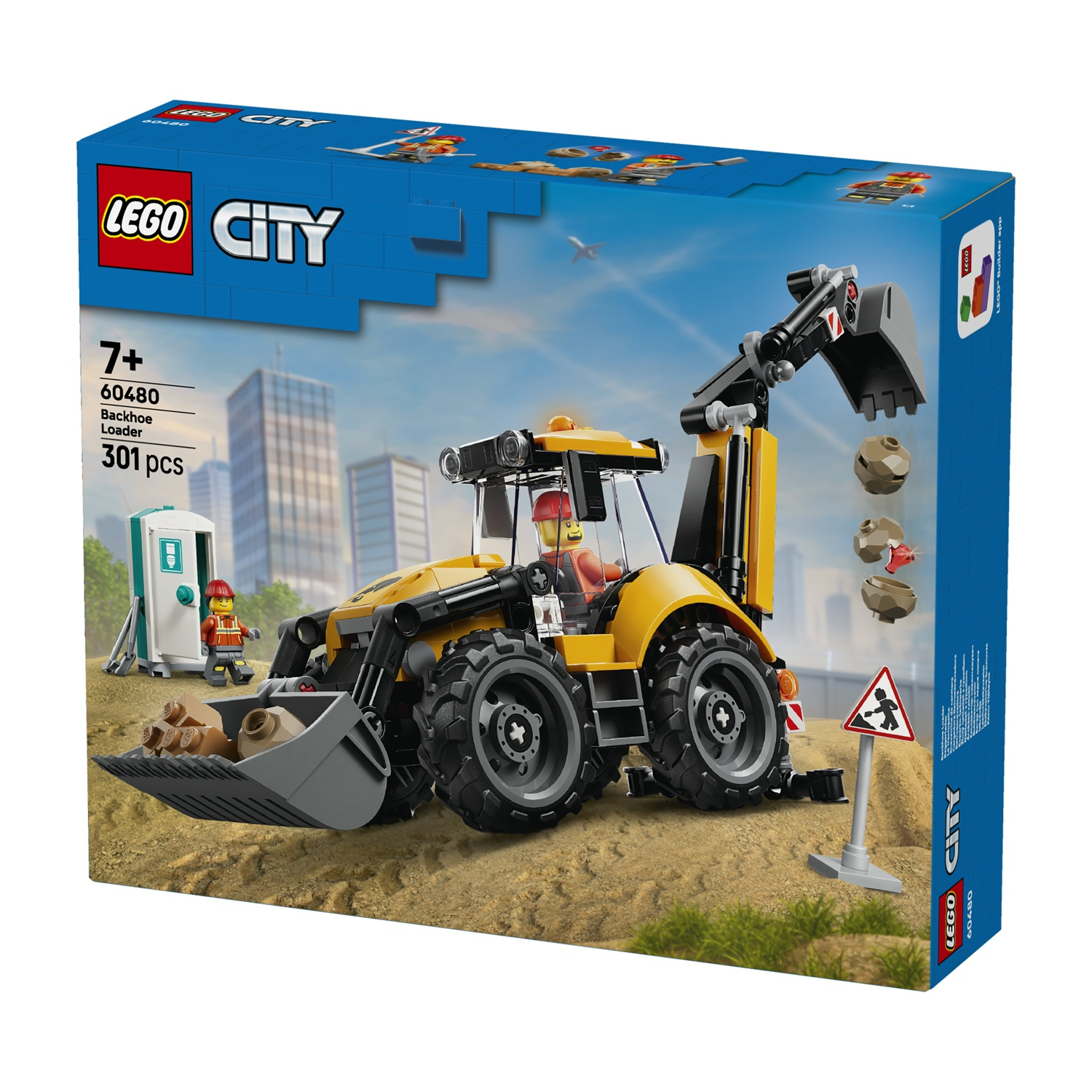 Scatola Lego City con retroescavatore, minifigure e scena di cantiere.