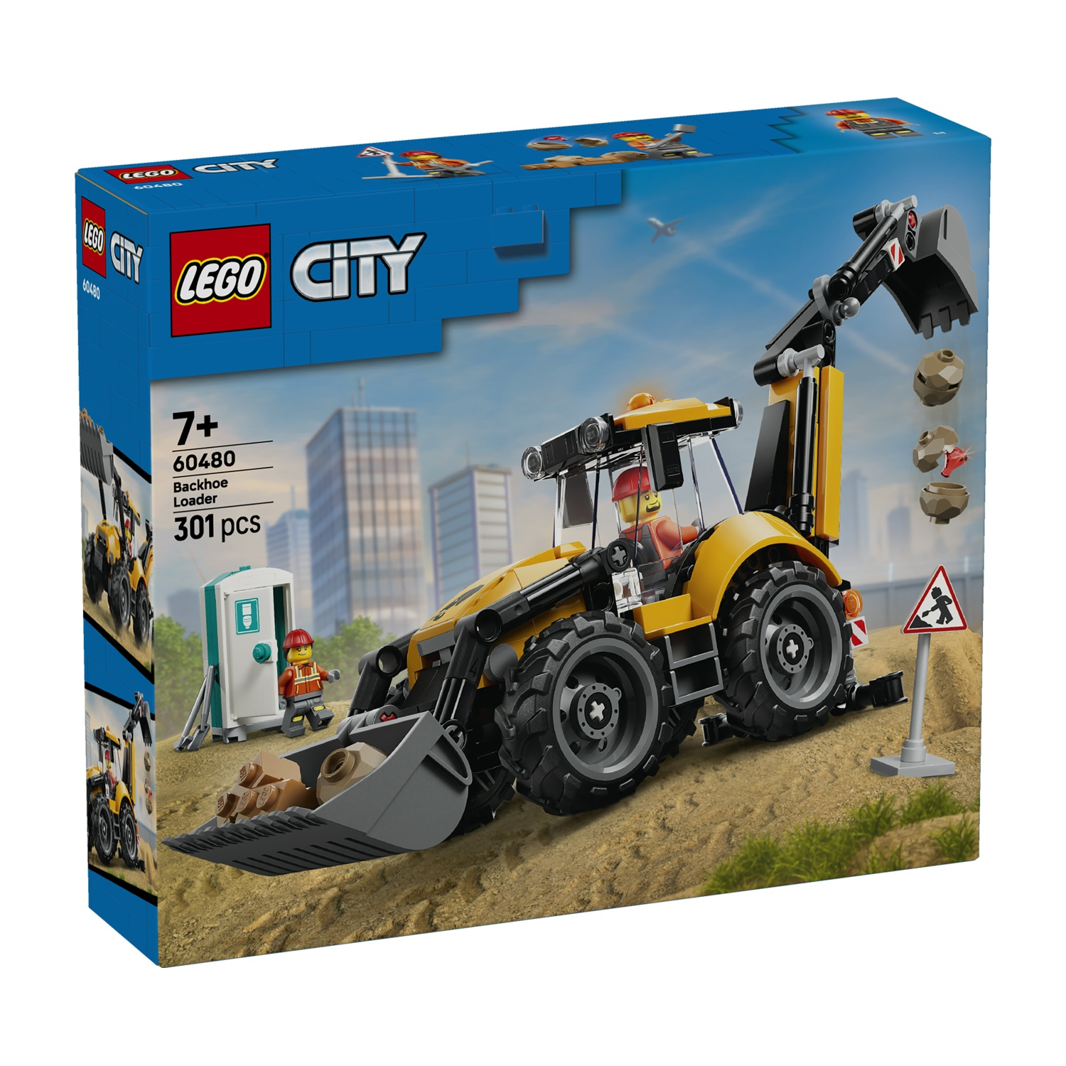 Scatola Lego City Terna con veicolo da cantiere giallo su terreno.