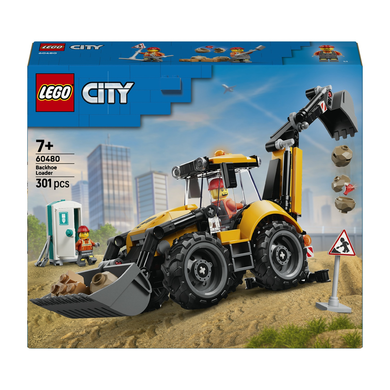 Scatola Lego City Retroescavatore con veicolo da cantiere, personaggi e accessori davanti a una città.