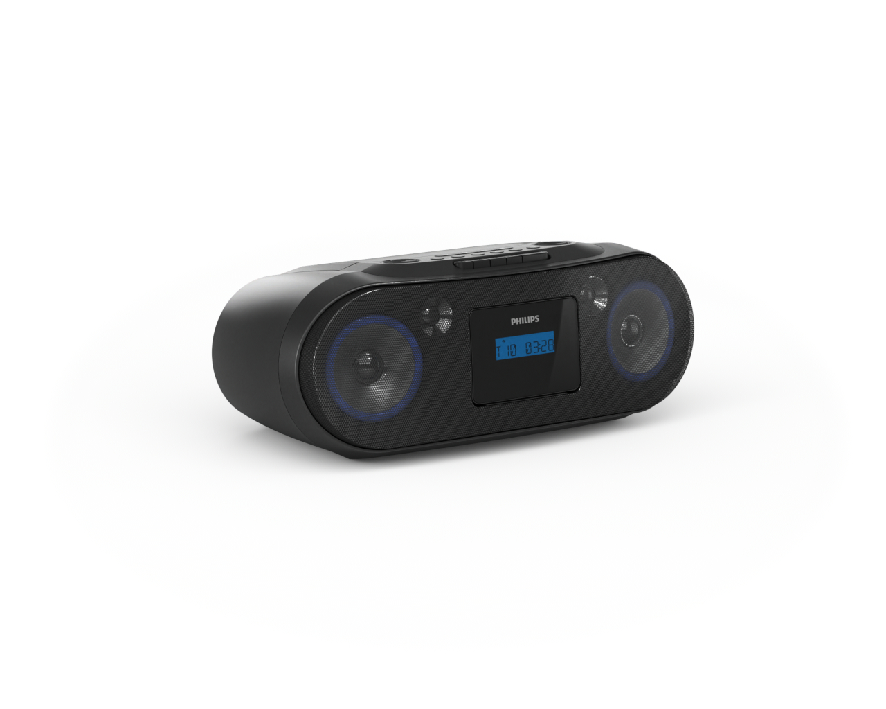 Schwarzes Philips-Radio mit blauer LCD-Anzeige und zwei Lautsprechern auf weißem Grund.