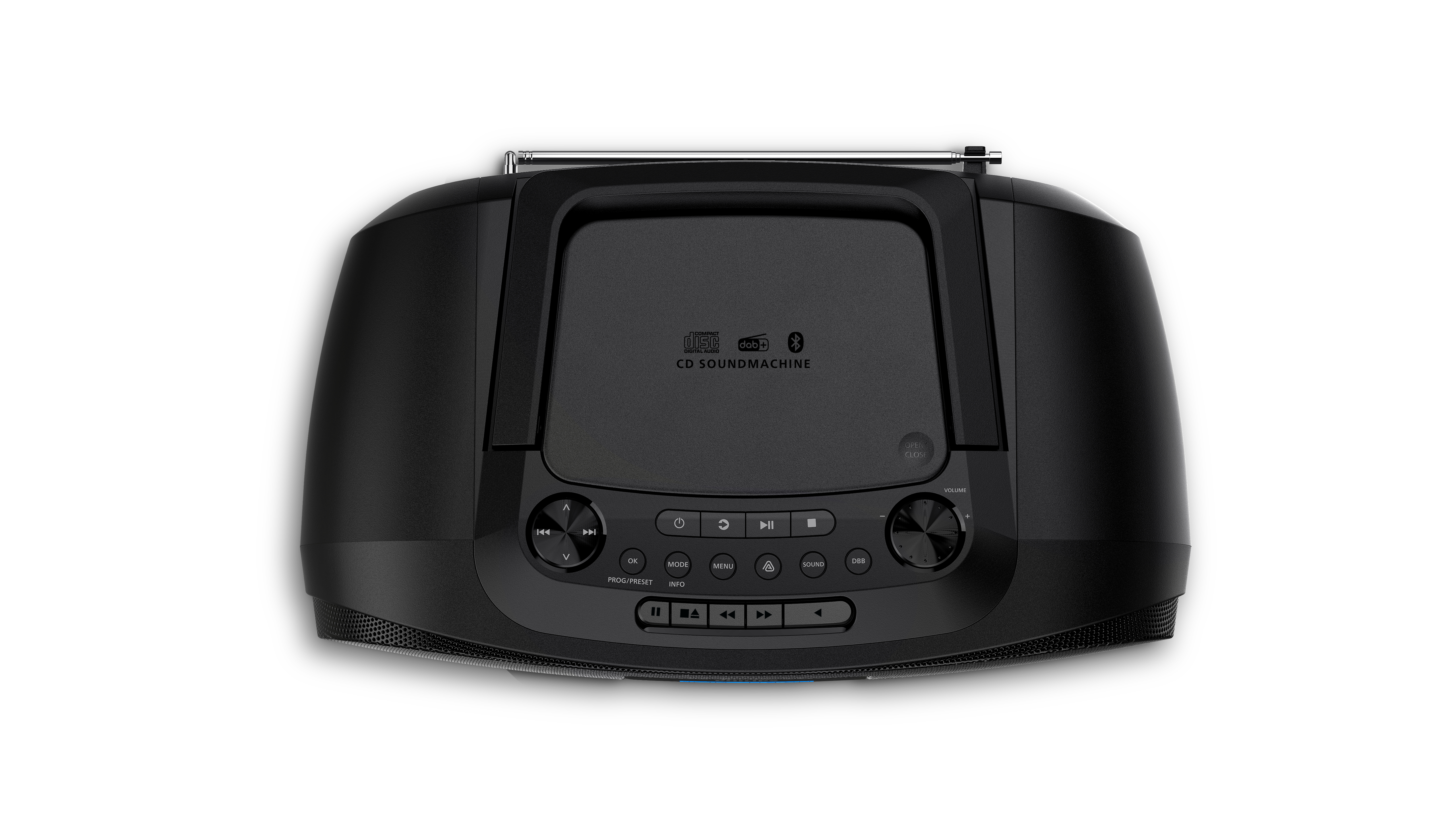 Ein schwarzer CD-Soundmachine-Boombox mit Bedienelementen und Antenne auf weißem Hintergrund.