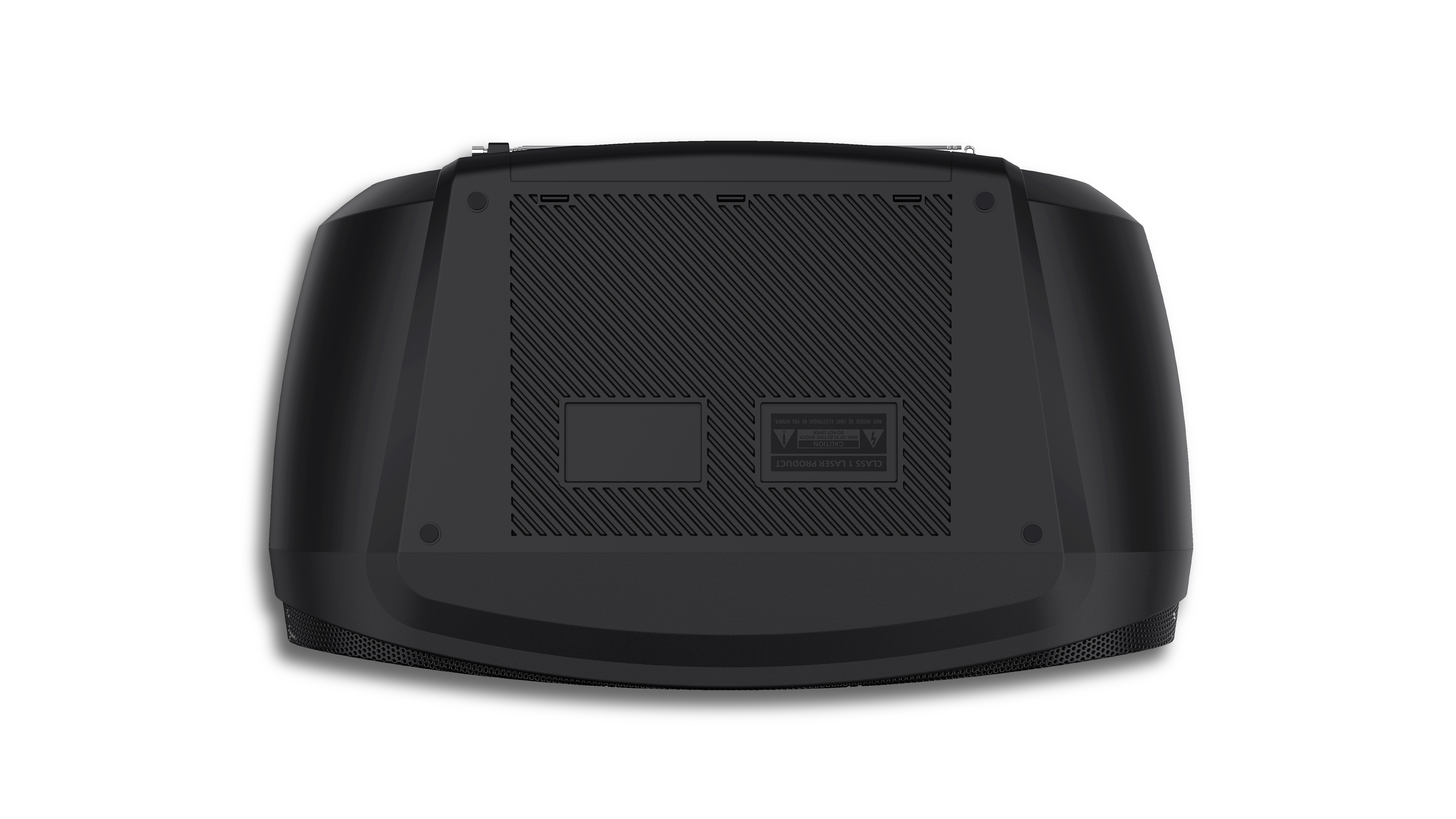 Die Unterseite eines schwarzen Boomboxes mit geripptem Design und vier runden Standfüßen.