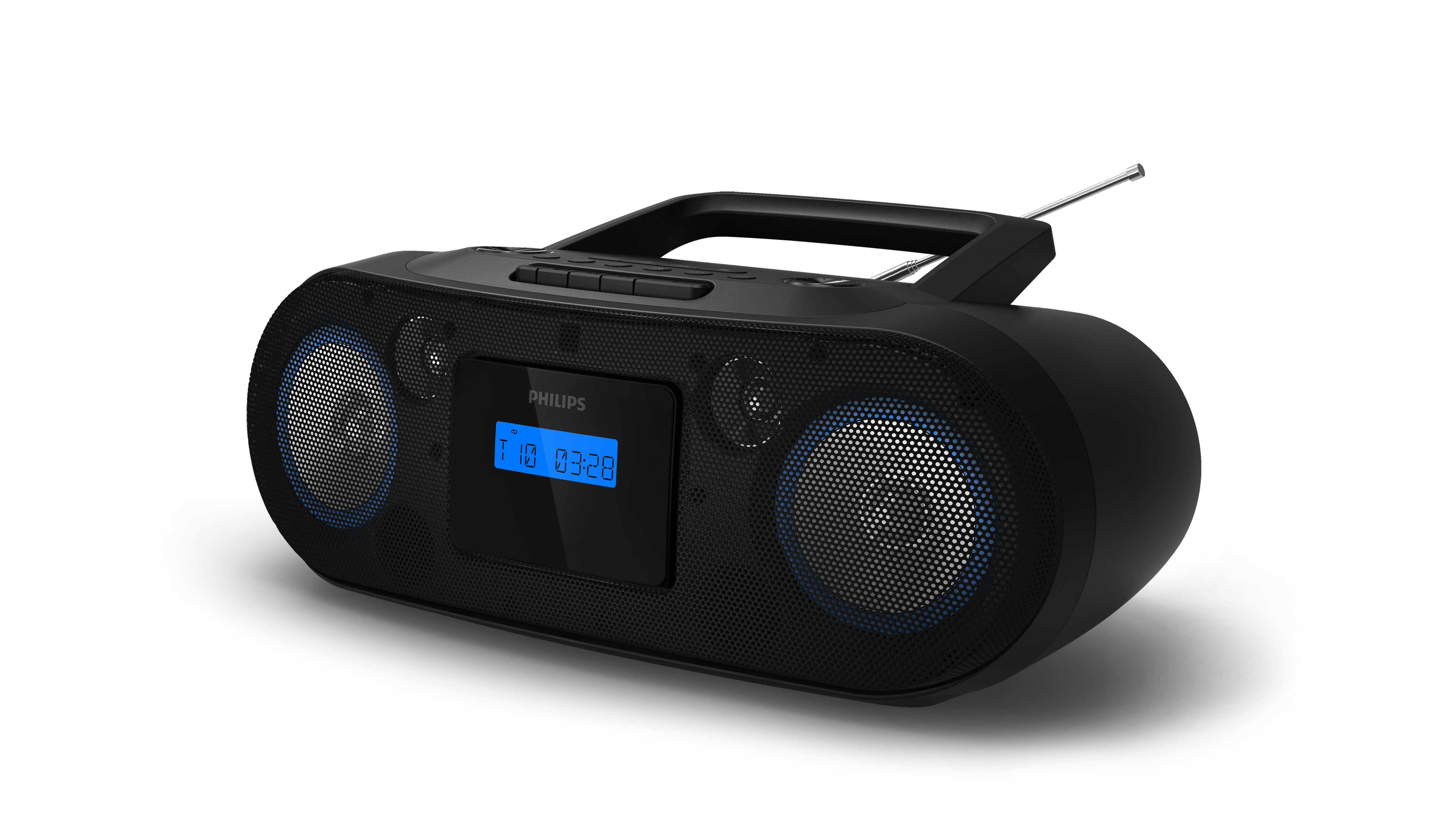 Schwarzes Philips Radio mit blauem LCD-Bildschirm und zwei Lautsprechern auf weißem Hintergrund.