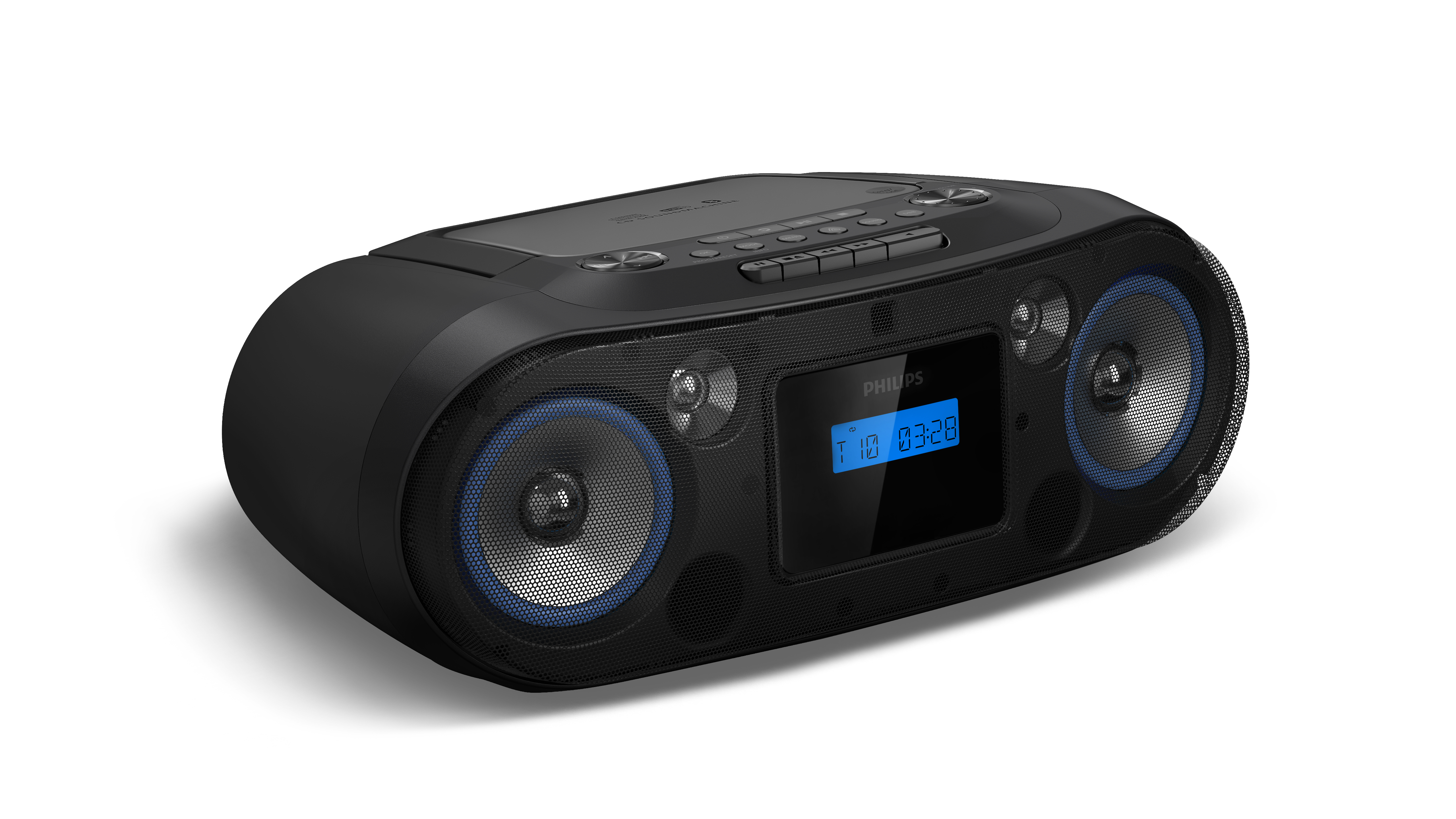 Schwarzer Philips Ghettoblaster mit blauer Displaybeleuchtung und großen Lautsprechern auf weißem Hintergrund.