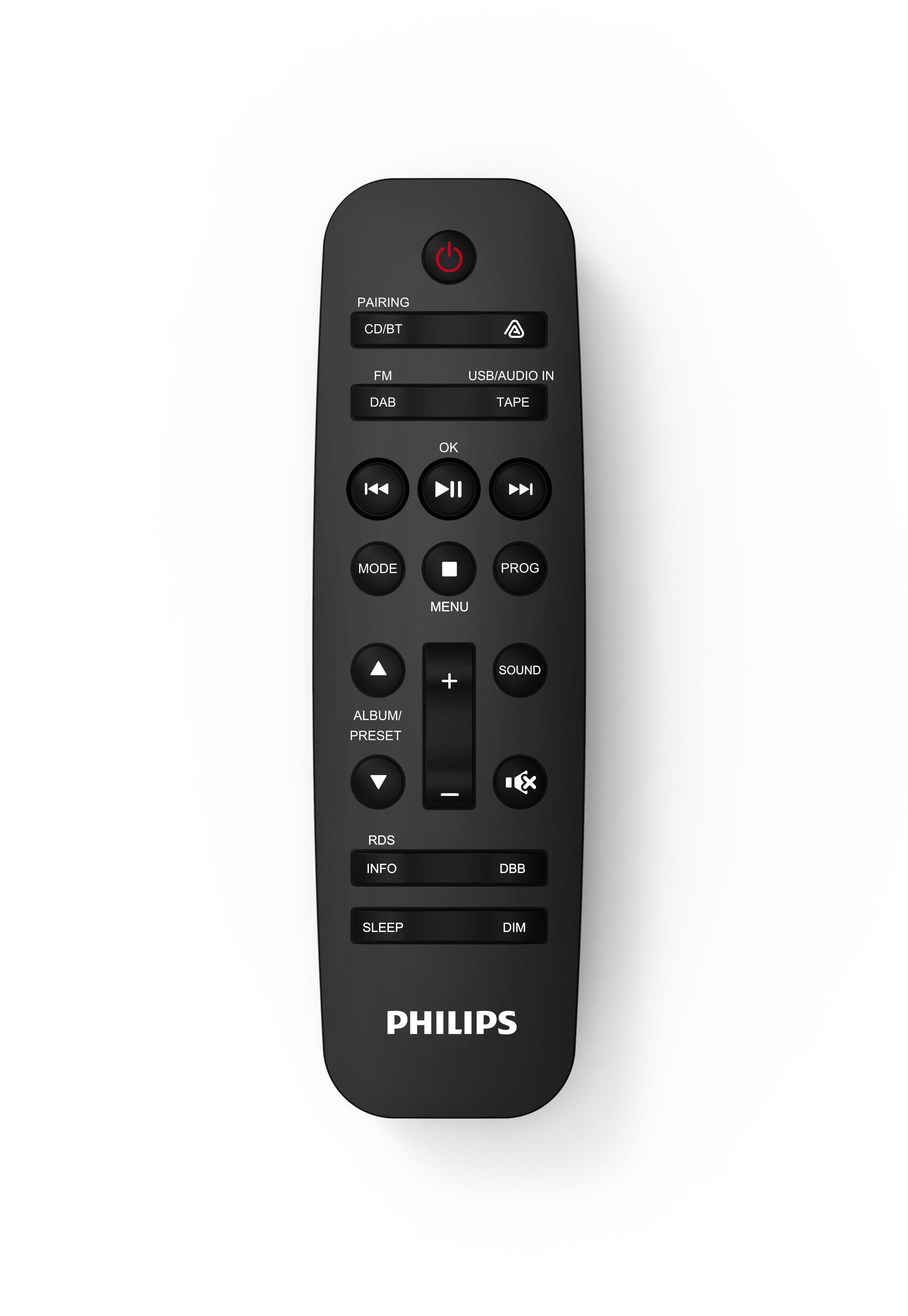 Eine schwarze Philips Fernbedienung mit rotem Ein/Aus-Schalter und beschrifteten Tasten auf weißem Hintergrund.