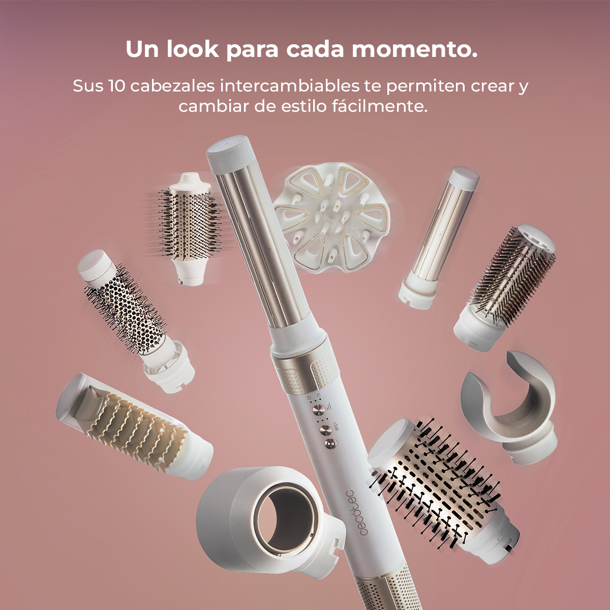 Moldeador - Cecotec AirGlisse 10in1 Champagne Ice, 10 cabezales, Hasta 1400 W, Motor Brushless de 110.000 rpm y tecnología Coanda, Champagne