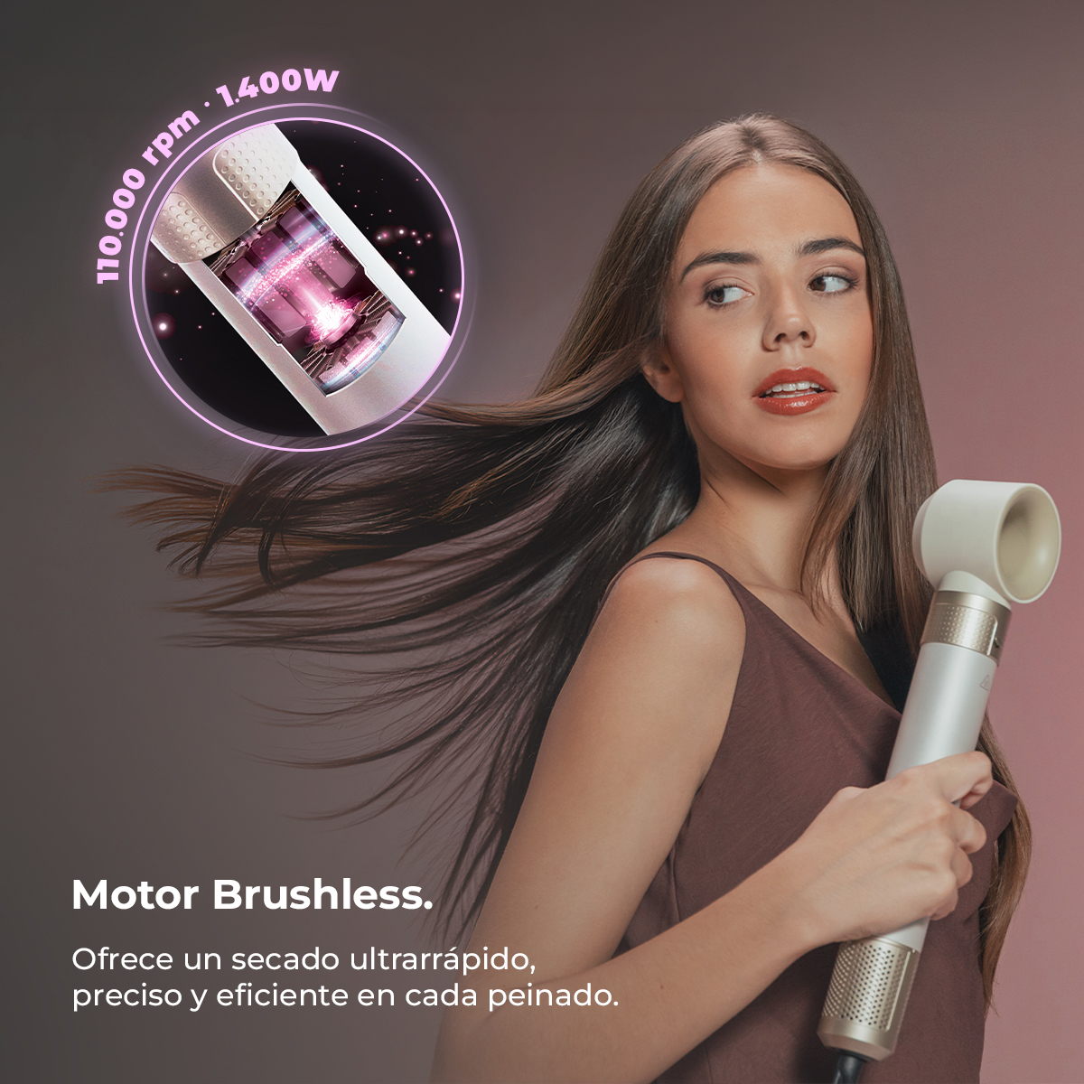 Moldeador - Cecotec AirGlisse 10in1 Champagne Ice, 10 cabezales, Hasta 1400 W, Motor Brushless de 110.000 rpm y tecnología Coanda, Champagne
