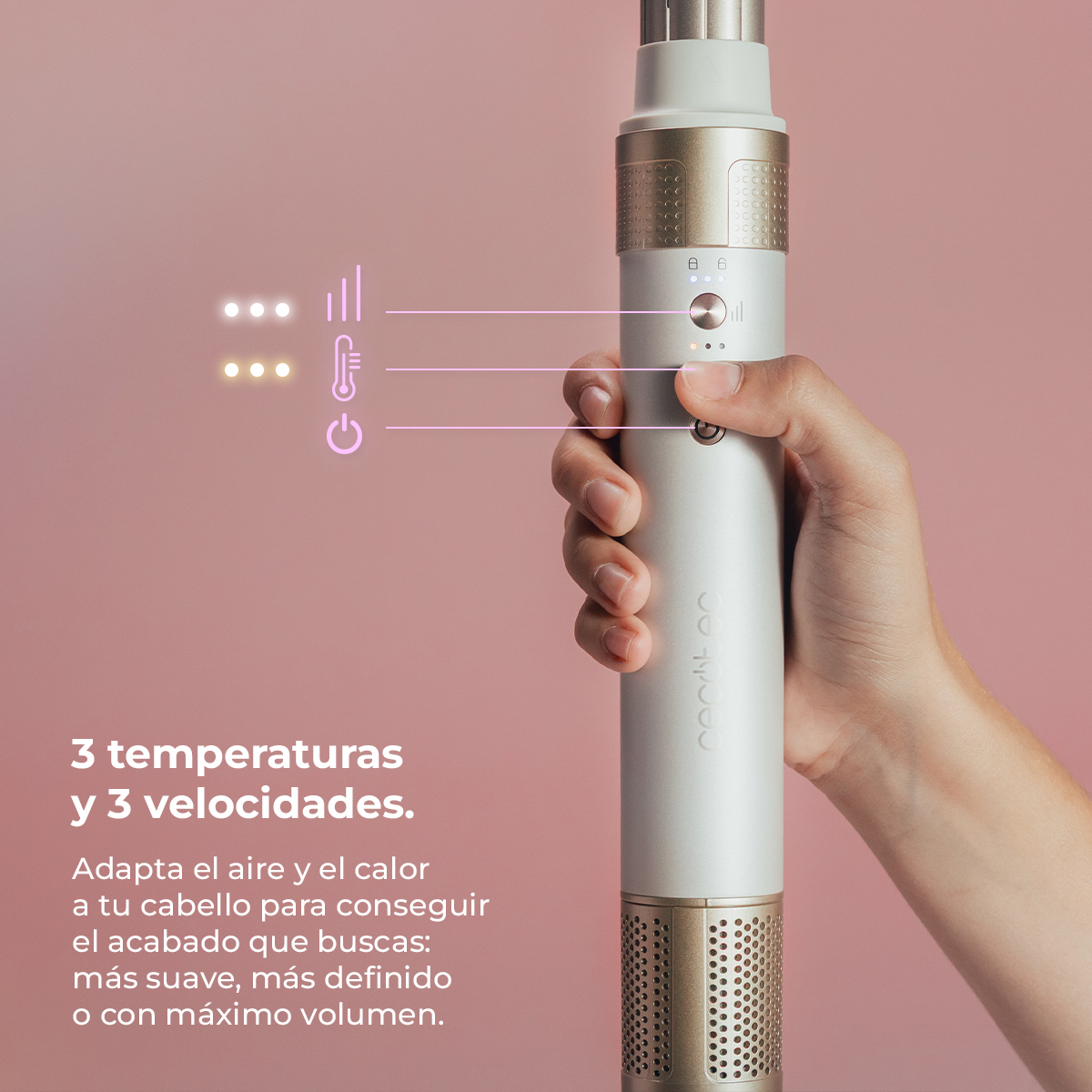 Moldeador - Cecotec AirGlisse 10in1 Champagne Ice, 10 cabezales, Hasta 1400 W, Motor Brushless de 110.000 rpm y tecnología Coanda, Champagne