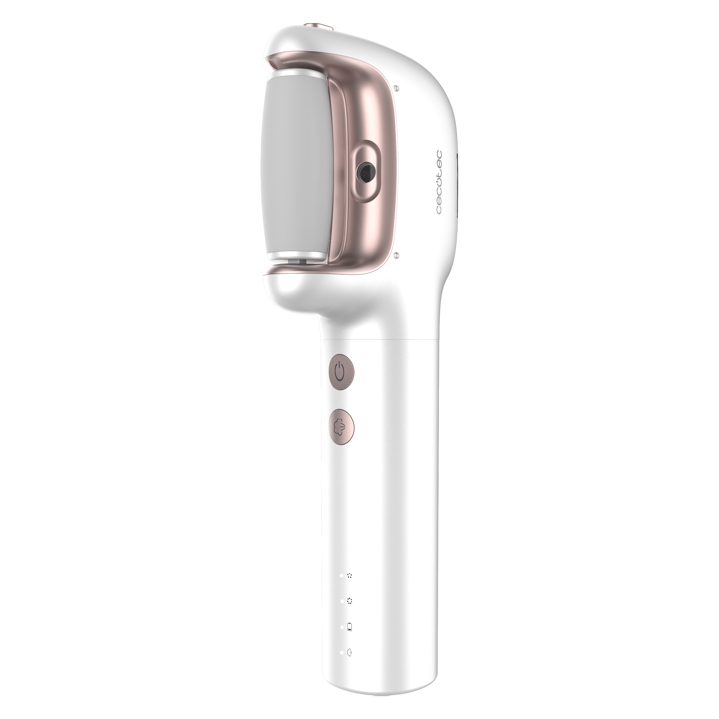 Aparato eléctrico blanco y oro rosa para eliminar durezas en los pies con cabezal de rodillo sobre fondo negro.