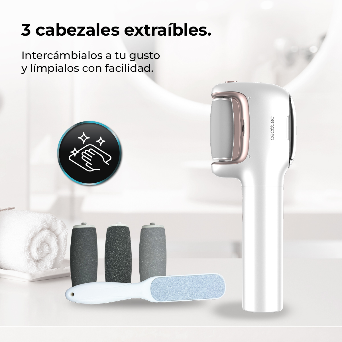 Removedor eléctrico de callos blanco con tres cabezales intercambiables y una lima sobre superficie blanca.