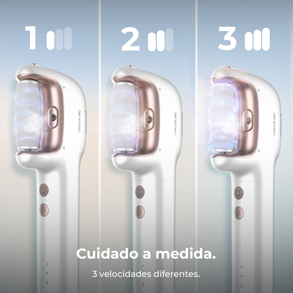 Tres etapas de un dispositivo depilador blanco y oro rosa con efecto de vapor y texto.
