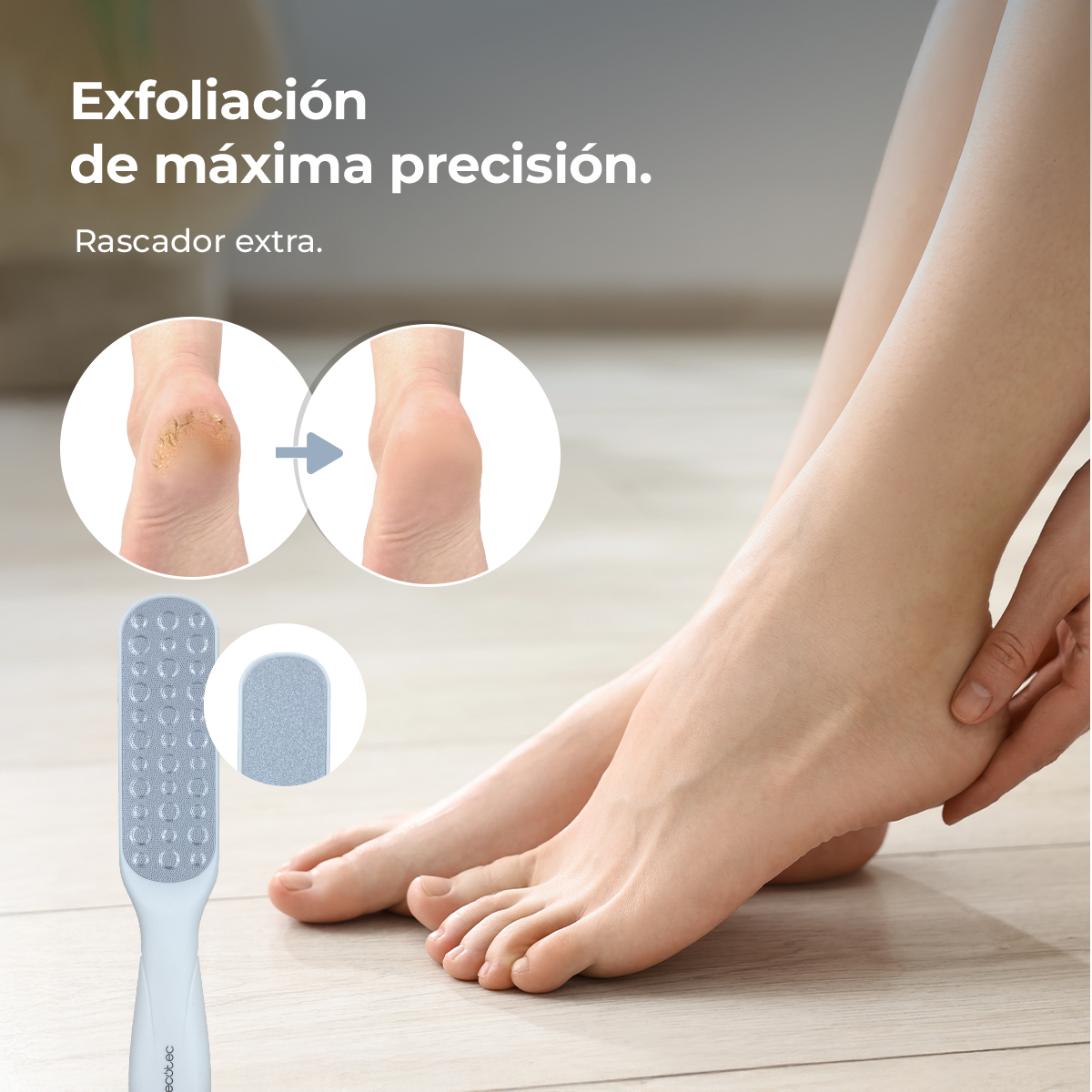 Lima de pies junto a pies suaves y círculos de comparación antes-después, con texto en español.