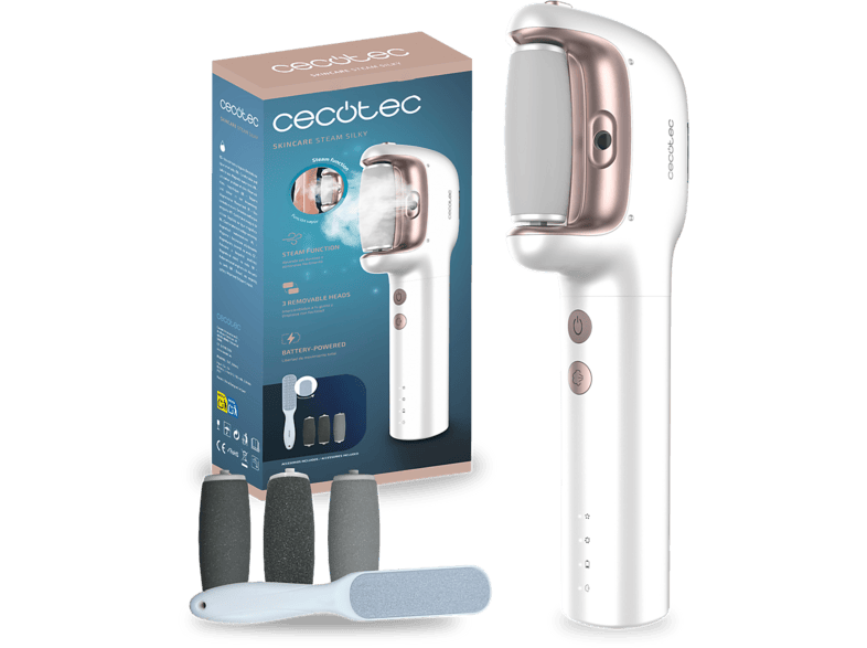 Limador de durezas - Cecotec SkinCare Steam Silky Elite, Con vapor, 3 cabezales, velocidades e IPX7, Blanco