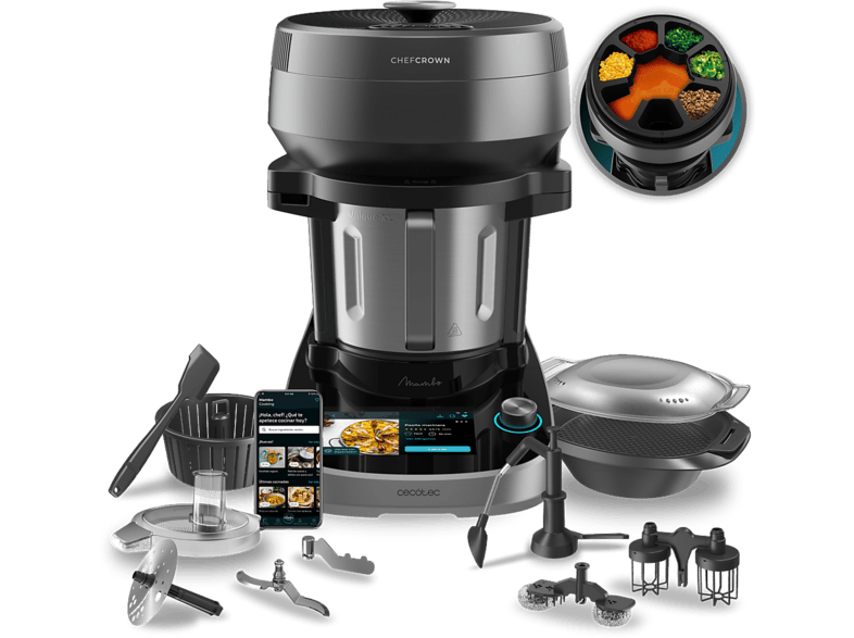 Robot de cocina - Cecotec Mambo CooKing Unique, Dispensador automático ChefCrown, Jarra 4,7 L y pantalla táctil 7”, Inox